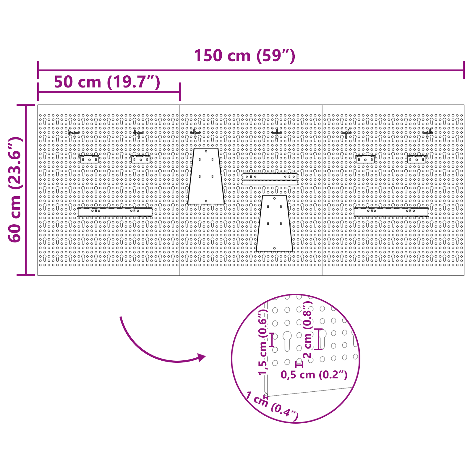 Pegboards - 3 Pack with 15 Accessories, Gray, 50x60 cm, Steel - Image 11
