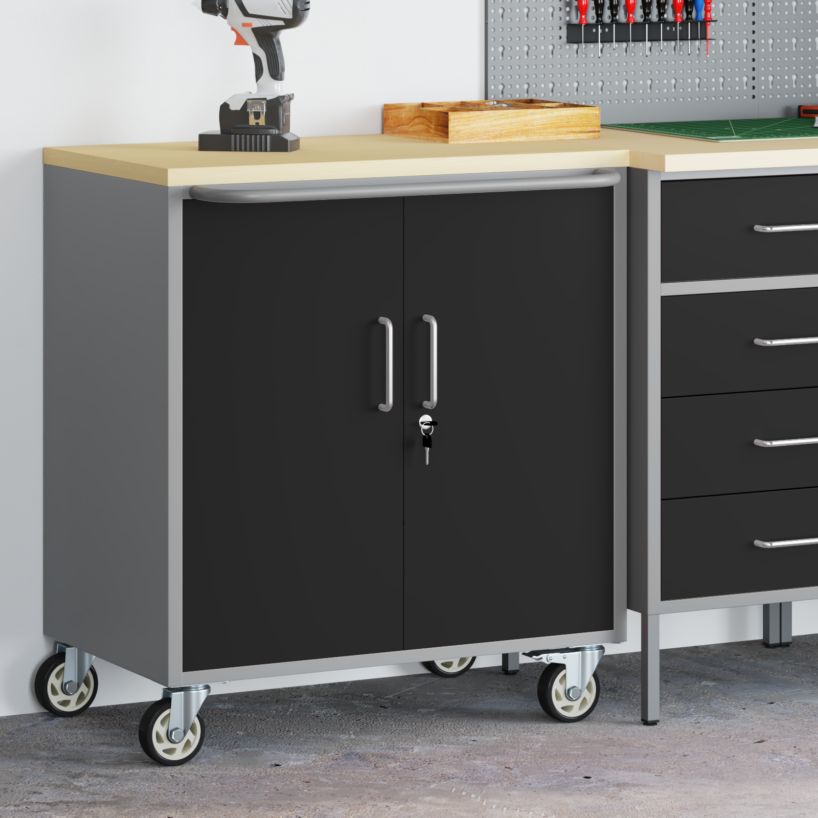 Thumbnail - vidaXL Werkzeugschrank mit Rollen Abschließbar Schwarz 75x45x85 cm