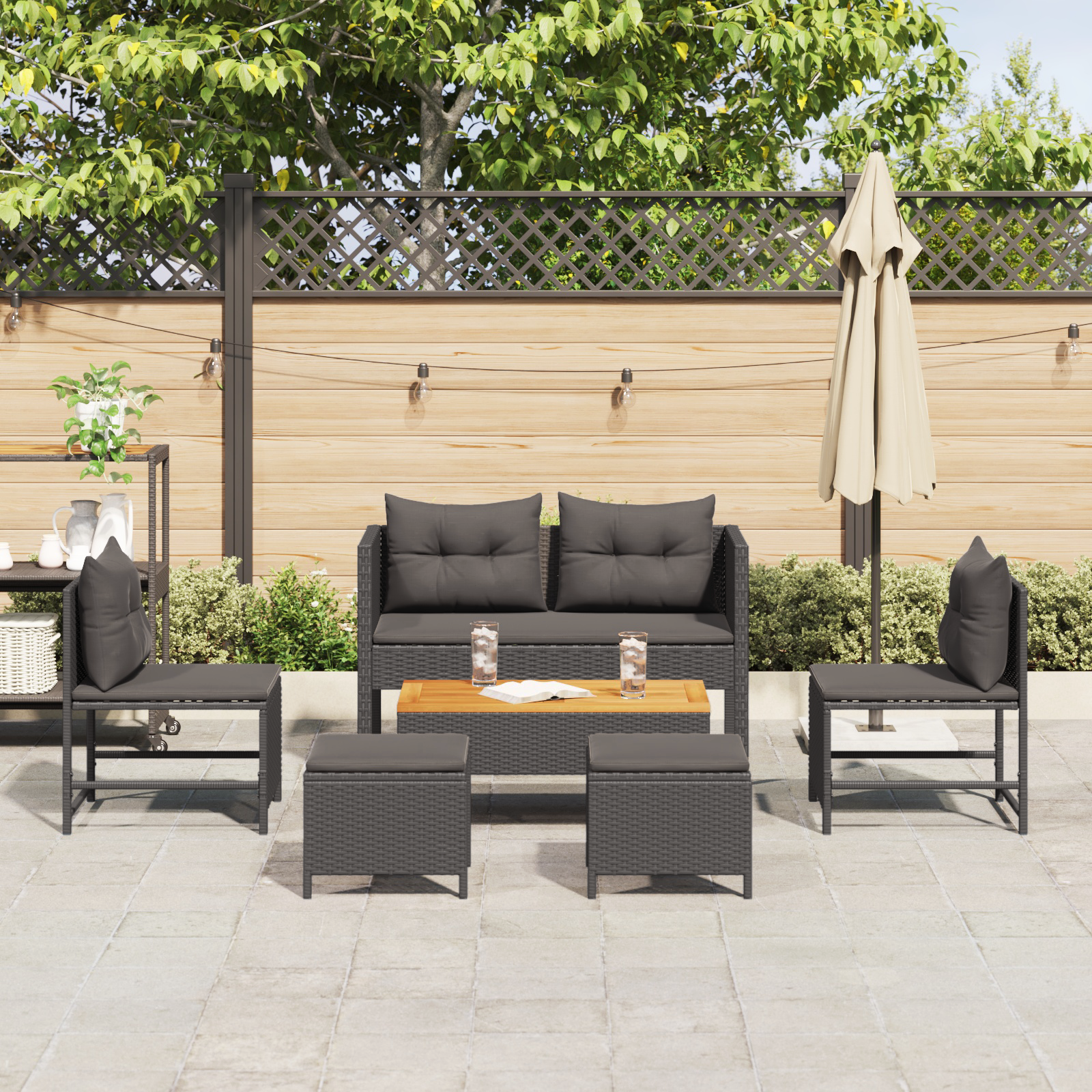 Outdoor Sofa Set - Black Rattan, Wood Medium Durable - Image 3