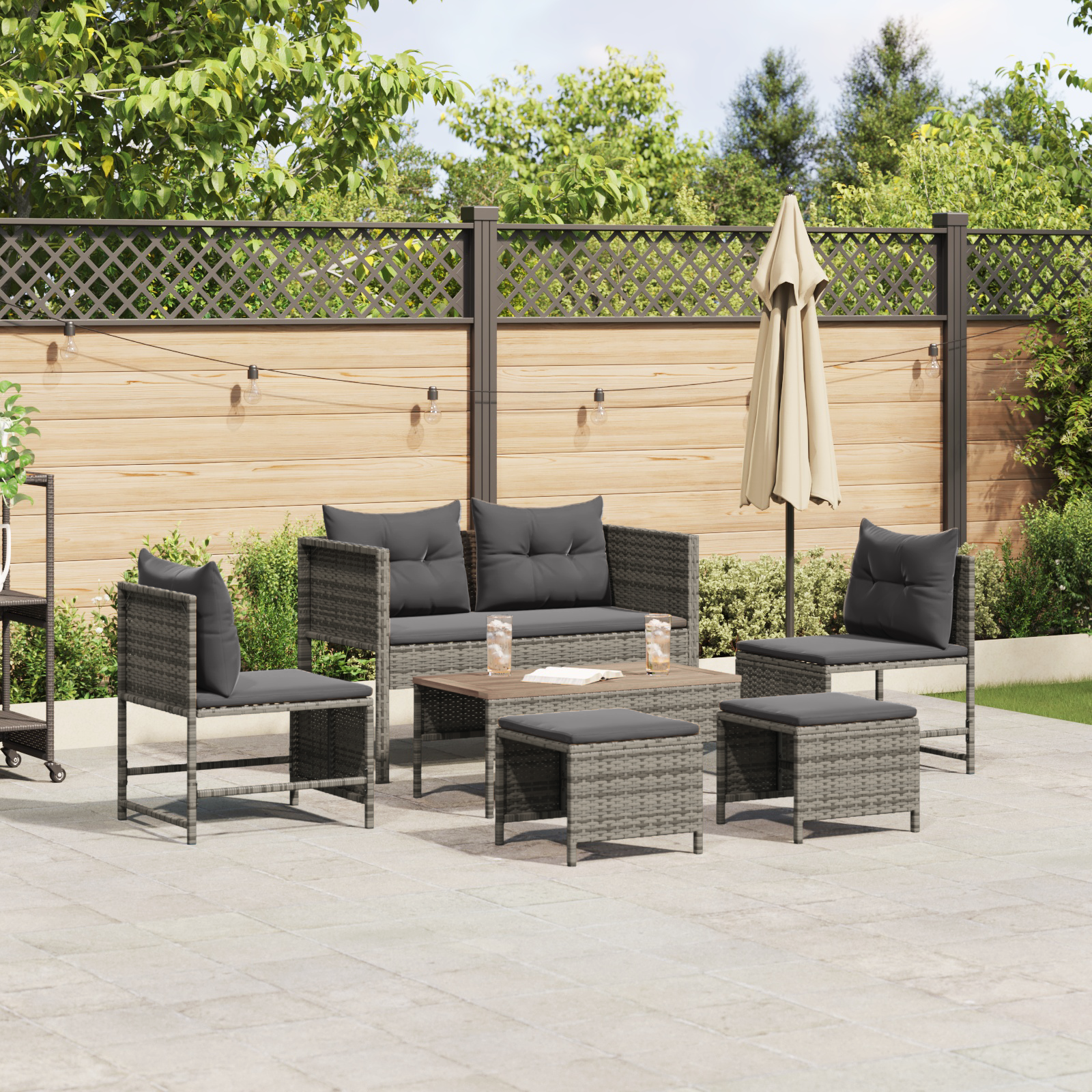 Outdoor Sofa Set Grey and dark grey Rattan, tempered glass Medium
