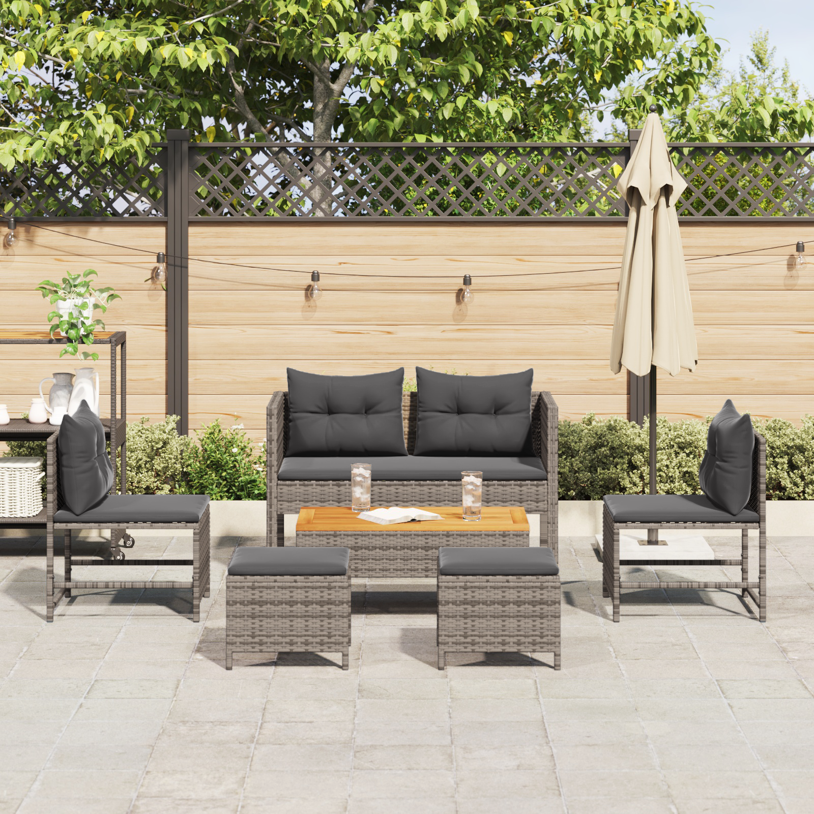 Outdoor Sofa Set Grey and dark grey Rattan, tempered glass Medium - Image 3