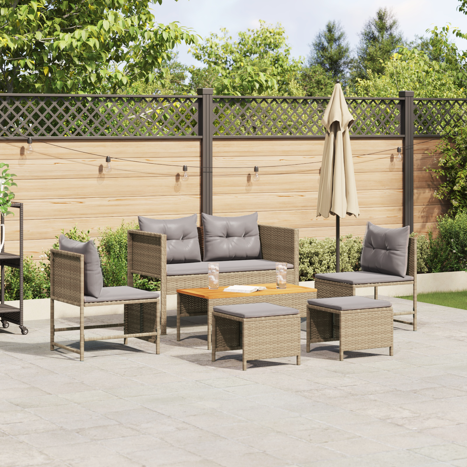 Outdoor Sofa Set Beige and Light Grey Rattan, Fabric Standard