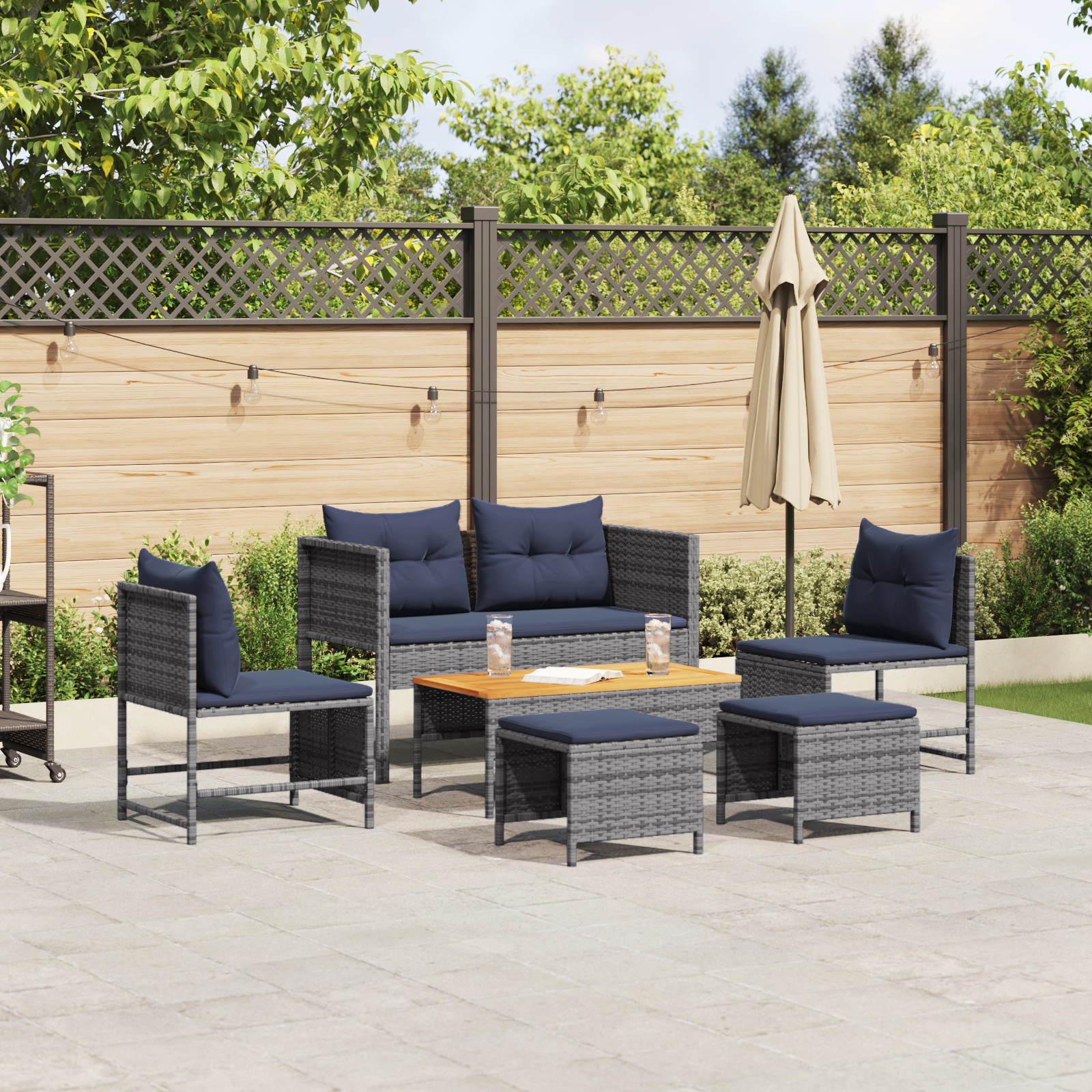 Outdoor Sofa Set Grey and navy blue Rattan with metal frame