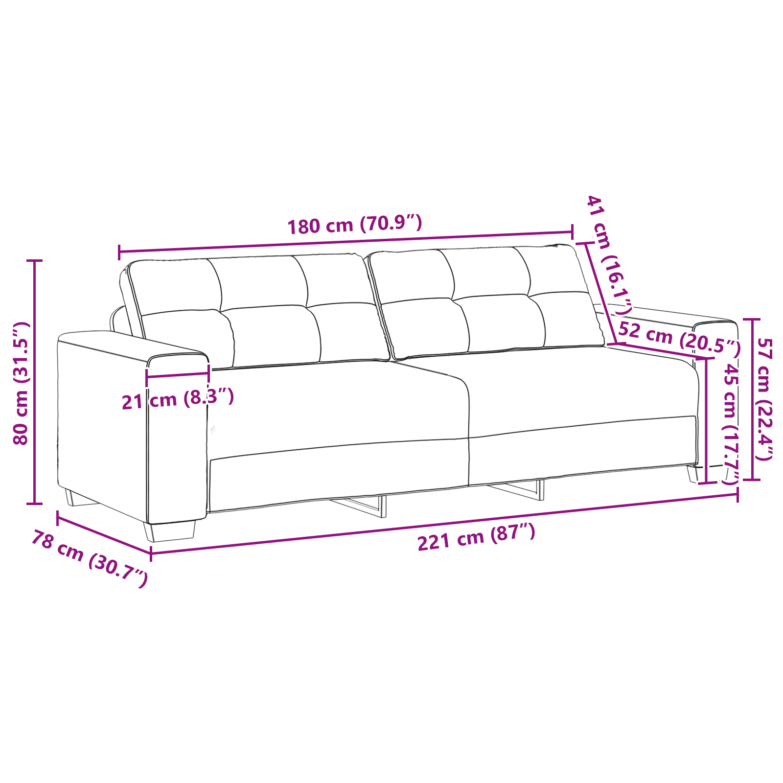 3-Seater Sofa in Wine Red, 180 cm Fabric - Image 8