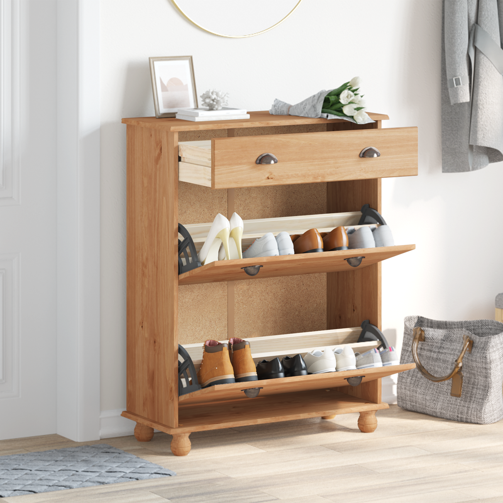 Shoe Cabinet "ASKIM" 85x35x108 cm Solid Wood Pine - Image 4