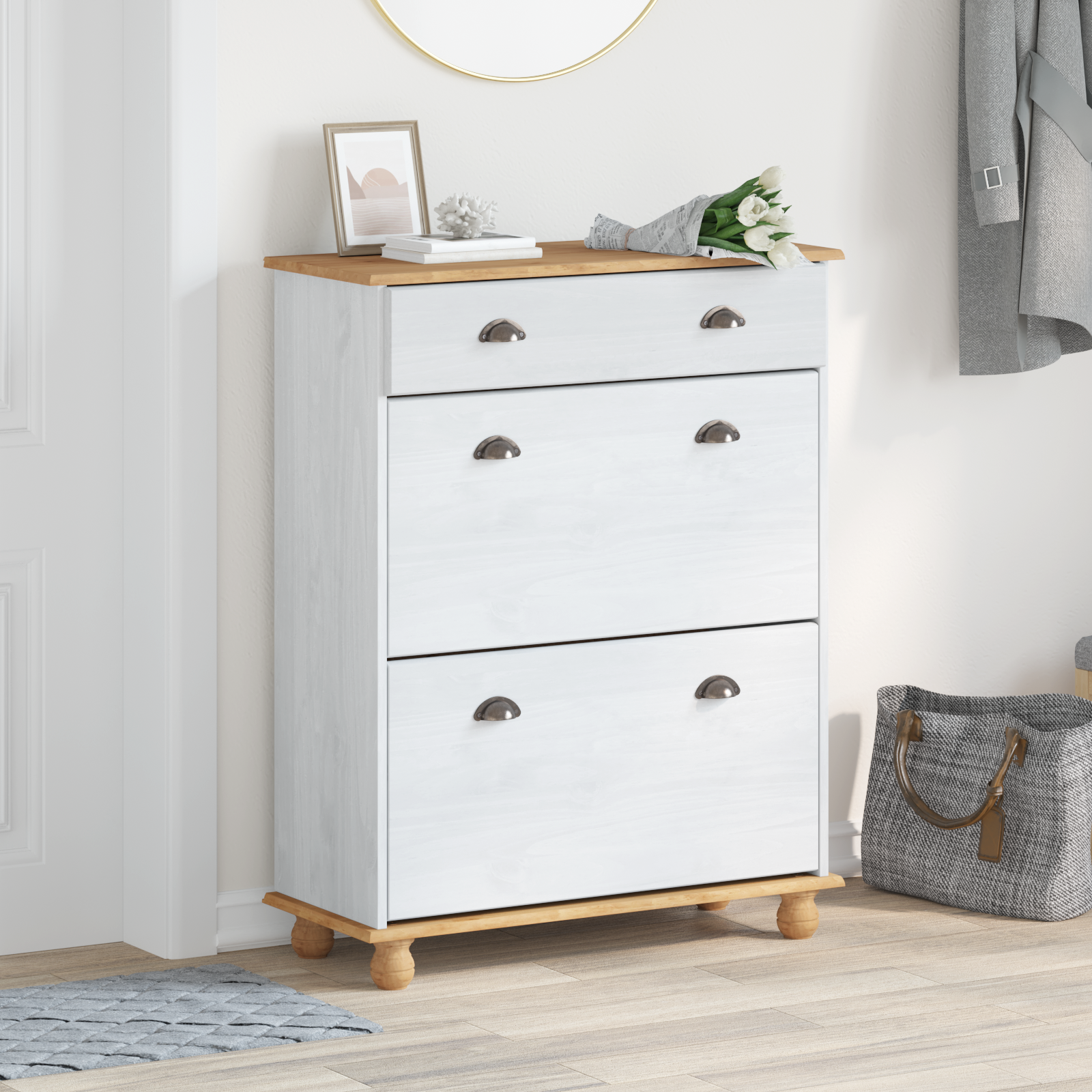 Schoenenkast ASKIM Wit 85x35x108 cm Massief Grenenhout