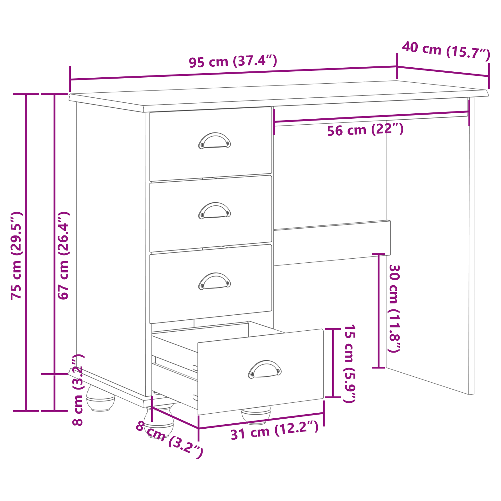 Desk 'ASKIM'with Drawers 95x40x75 cm Solid Wood Pine - Image 11