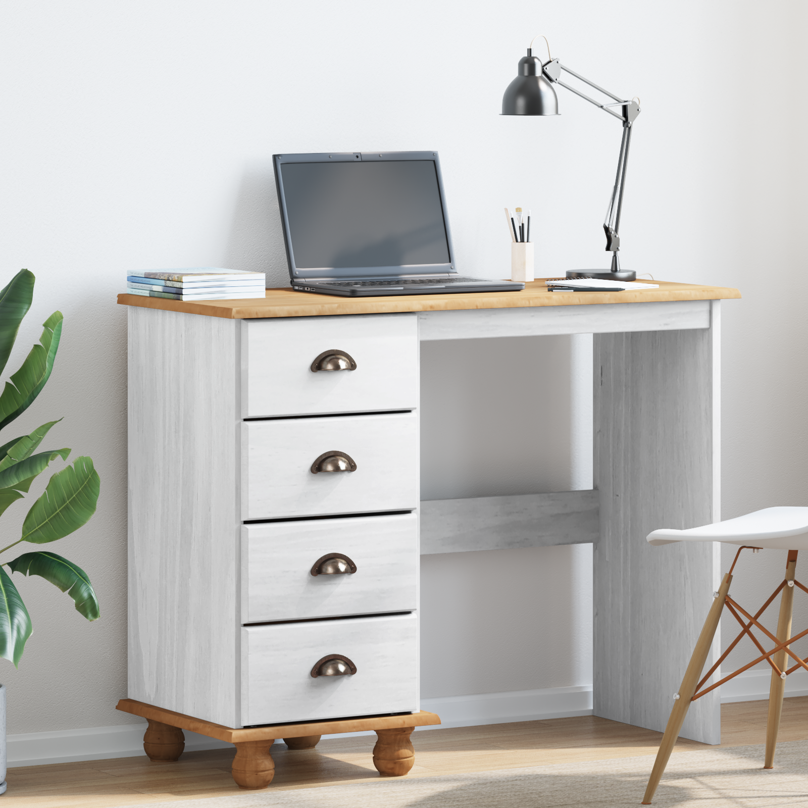 Desk "ASKIM" with Drawers White 95x40x75 cm Solid Wood Pine