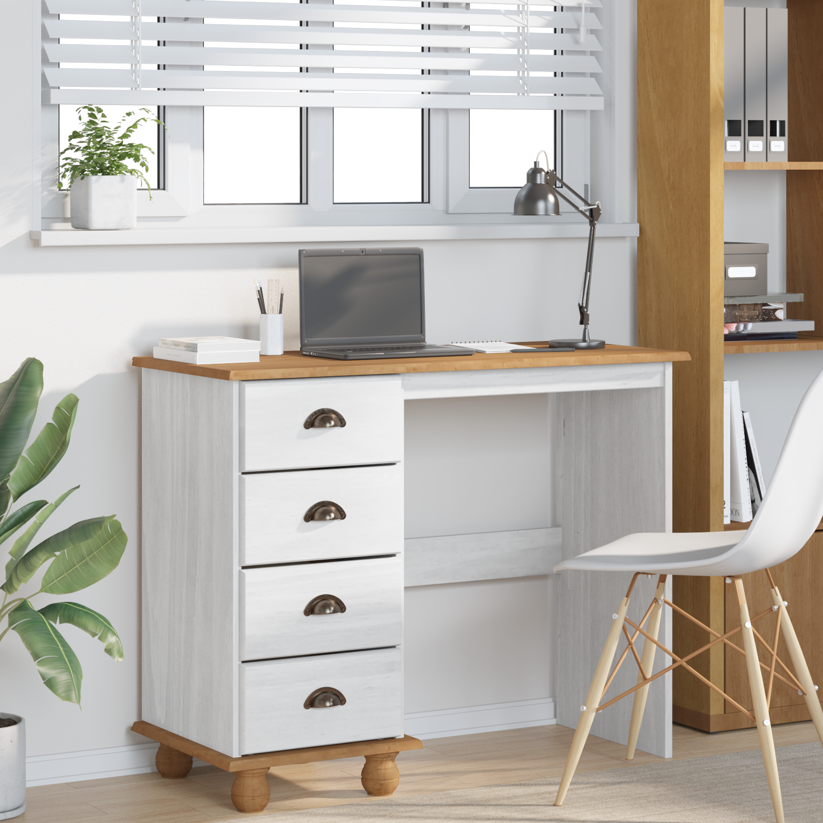 Desk "ASKIM" with Drawers White 95x40x75 cm Solid Wood Pine - Image 4