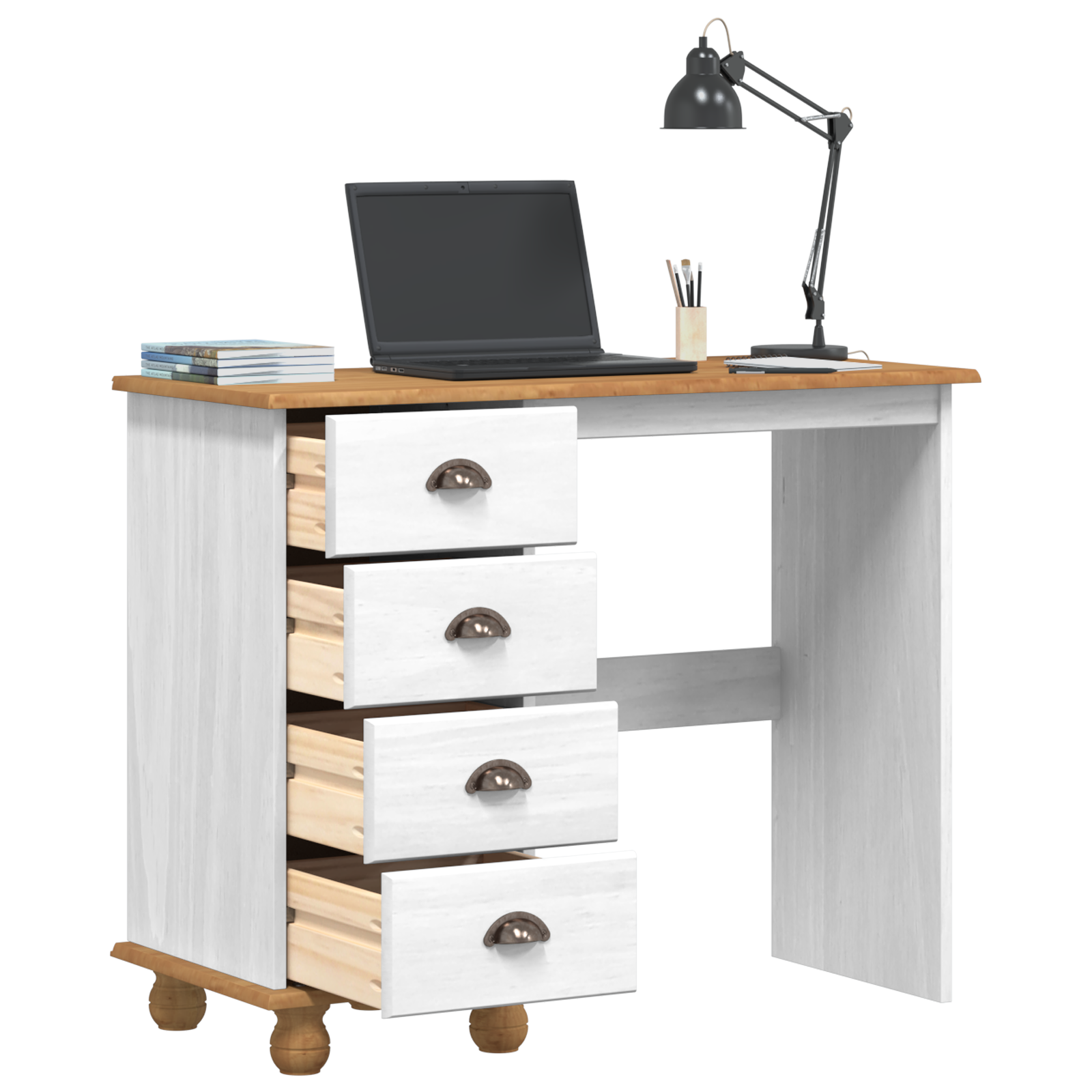 Desk "ASKIM" with Drawers White 95x40x75 cm Solid Wood Pine - Image 3