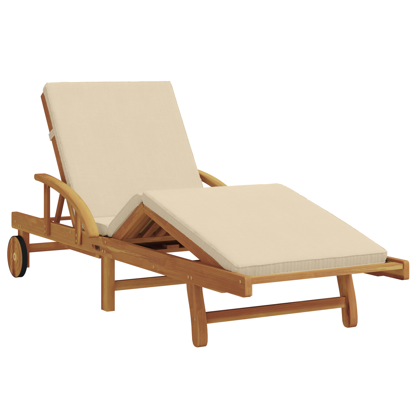Folding Sun Lounger with Wheels & Cushion Beige Solid Wood Acacia - Image 2
