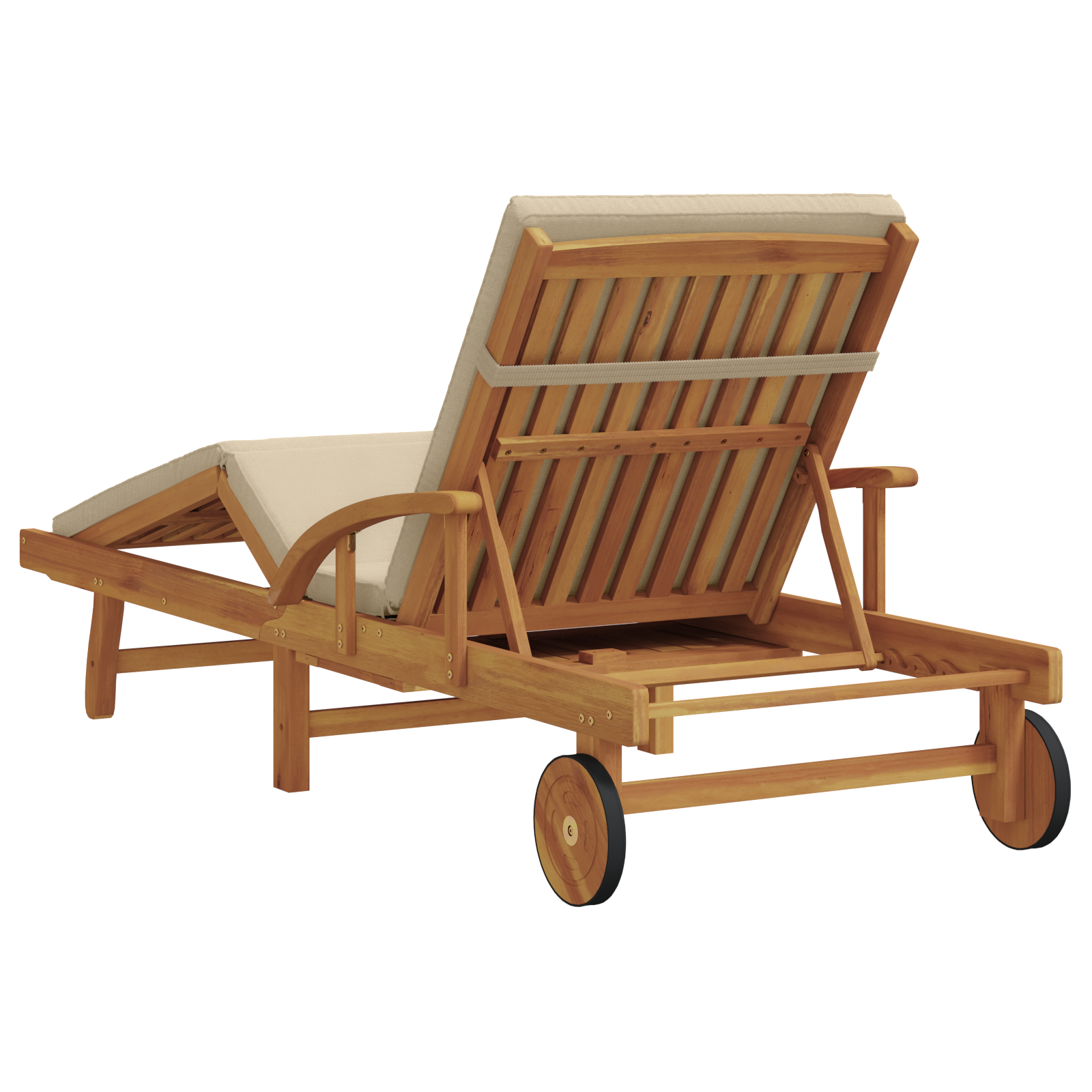 Folding Sun Lounger with Wheels & Cushion Beige Solid Wood Acacia - Image 6