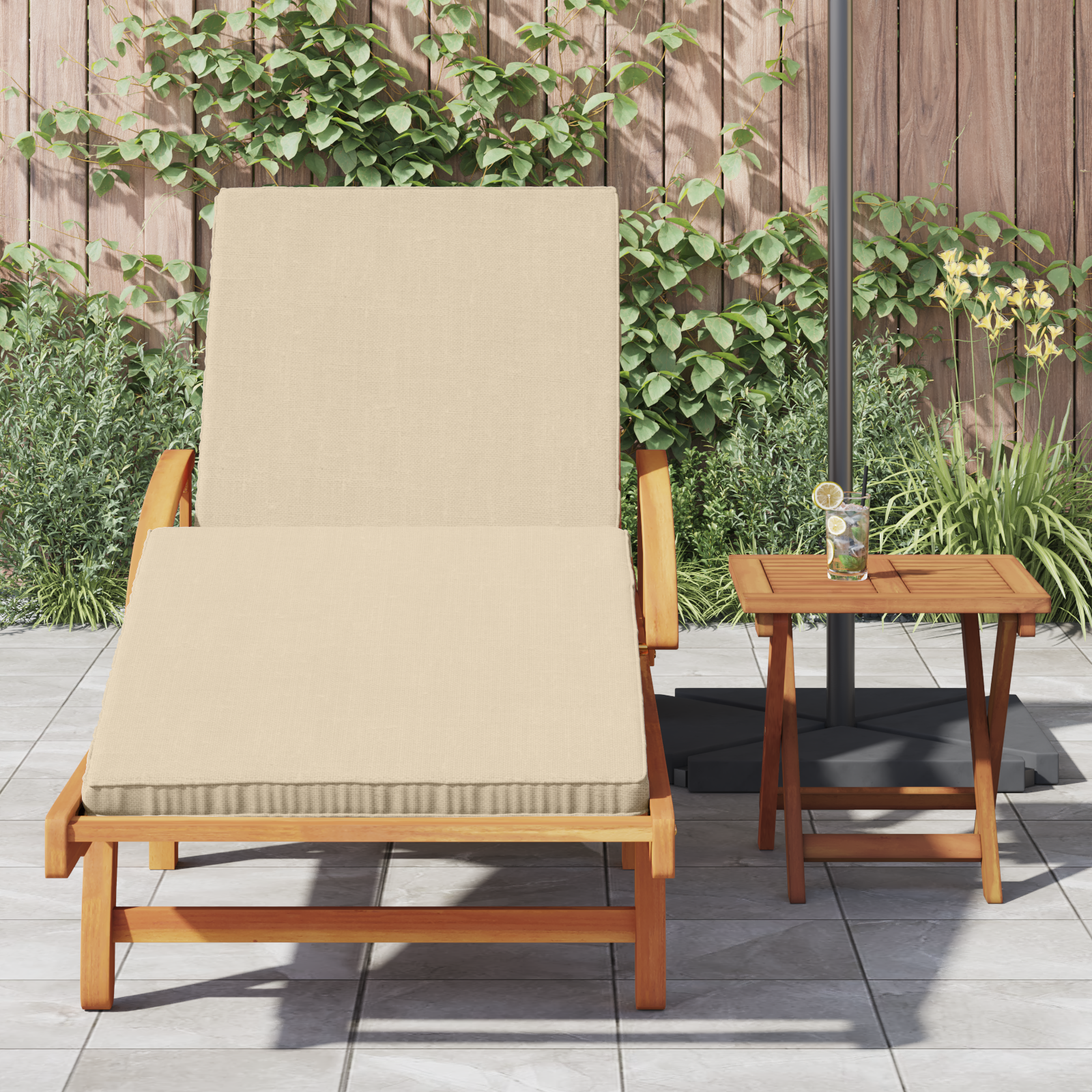 Folding Sun Lounger with Wheels & Cushion Beige Solid Wood Acacia - Image 3