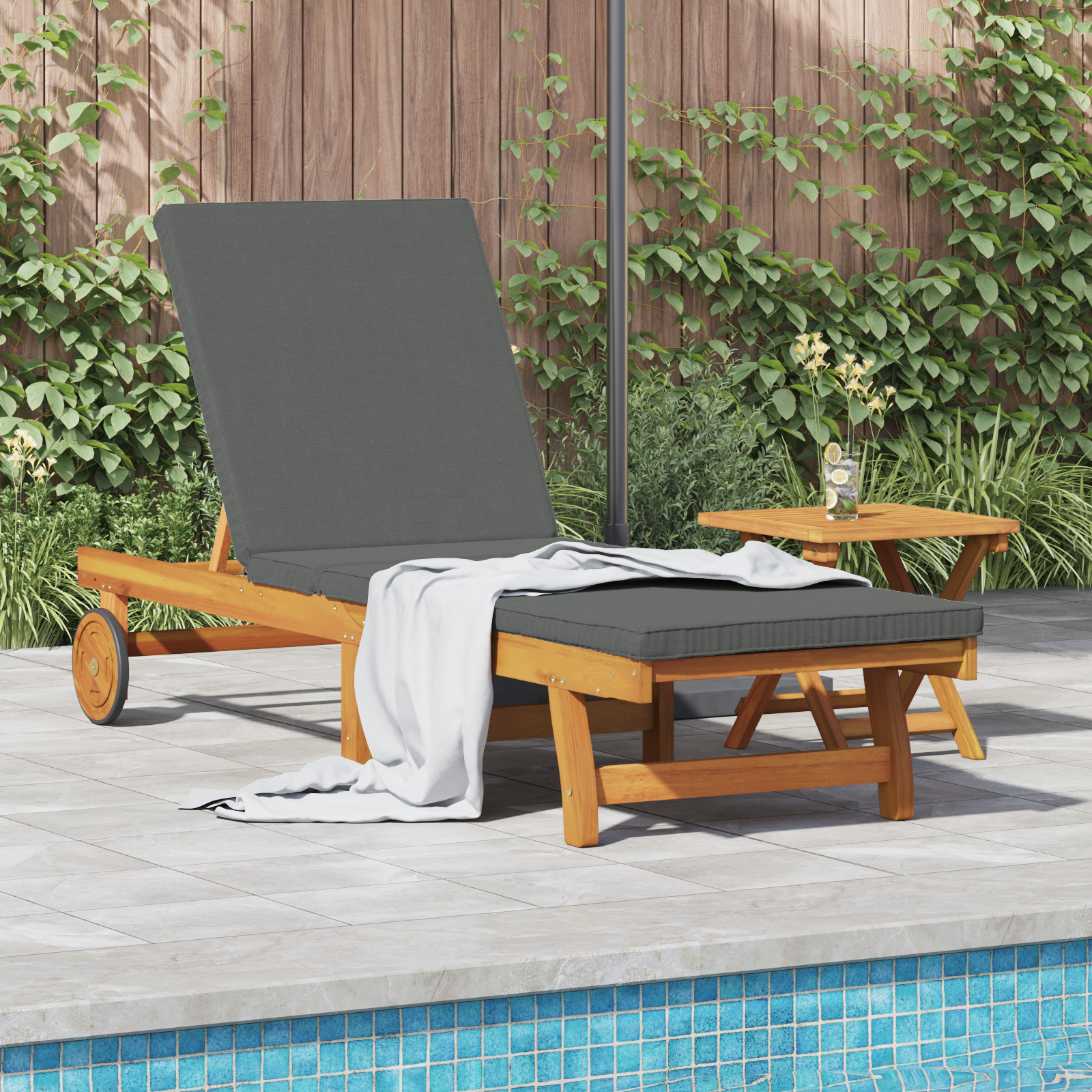 Sun Lounger with Wheels and Cushion in Dark Grey Solid Wood