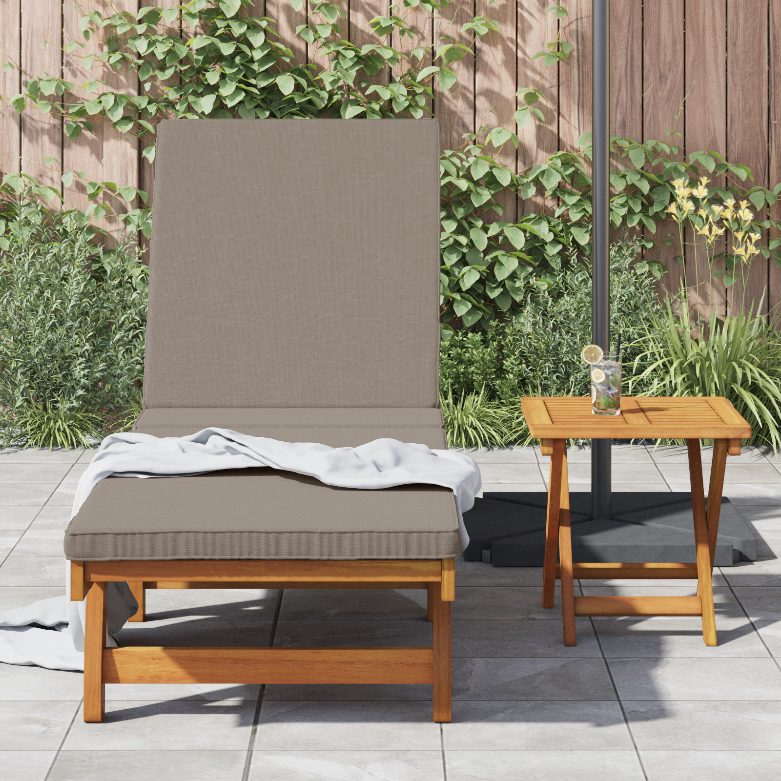 Sun Lounger with Wheels and Cushion in Taupe Solid Wood - Image 3