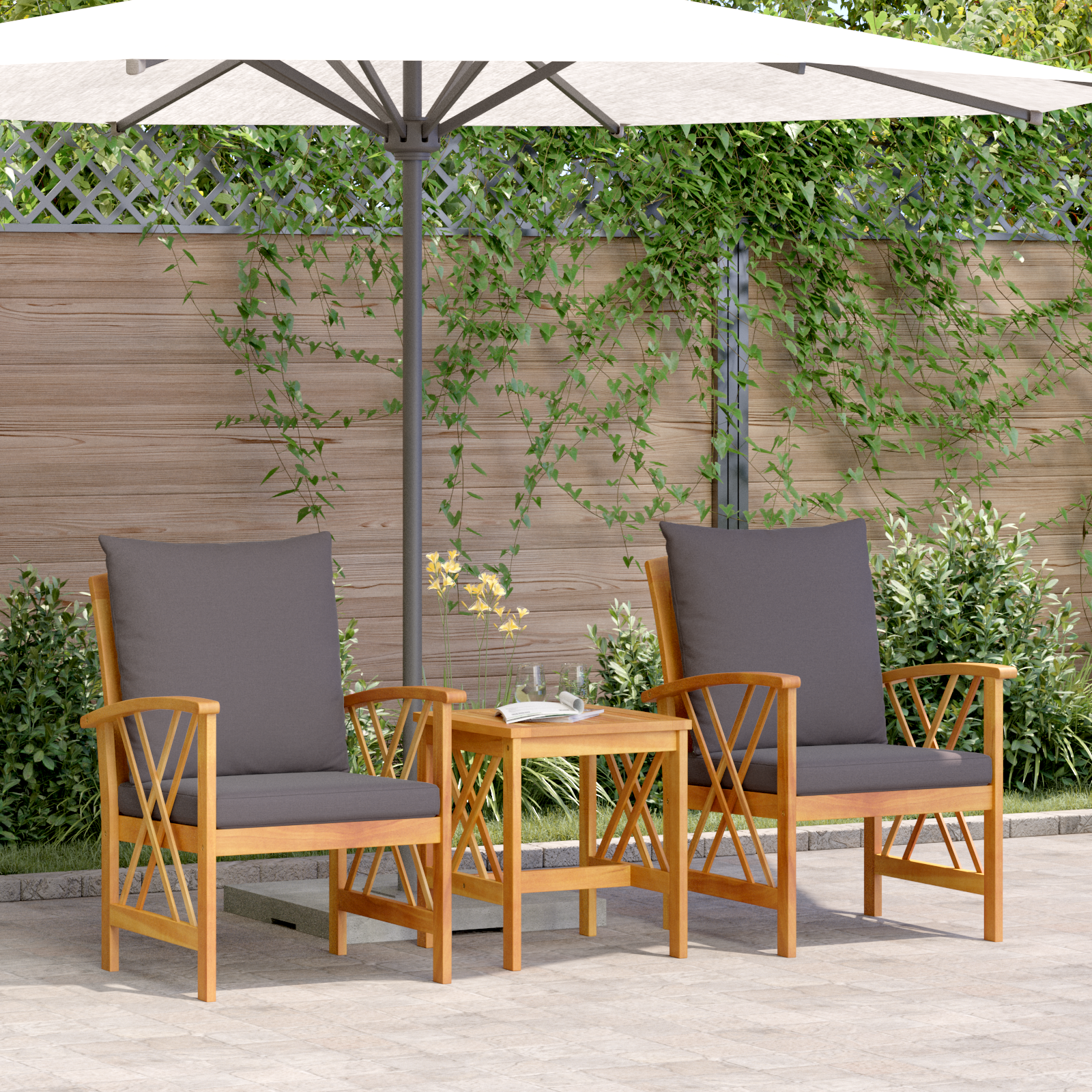 3 Piece Garden Lounge Set with Cushions  Solid Acacia Wood