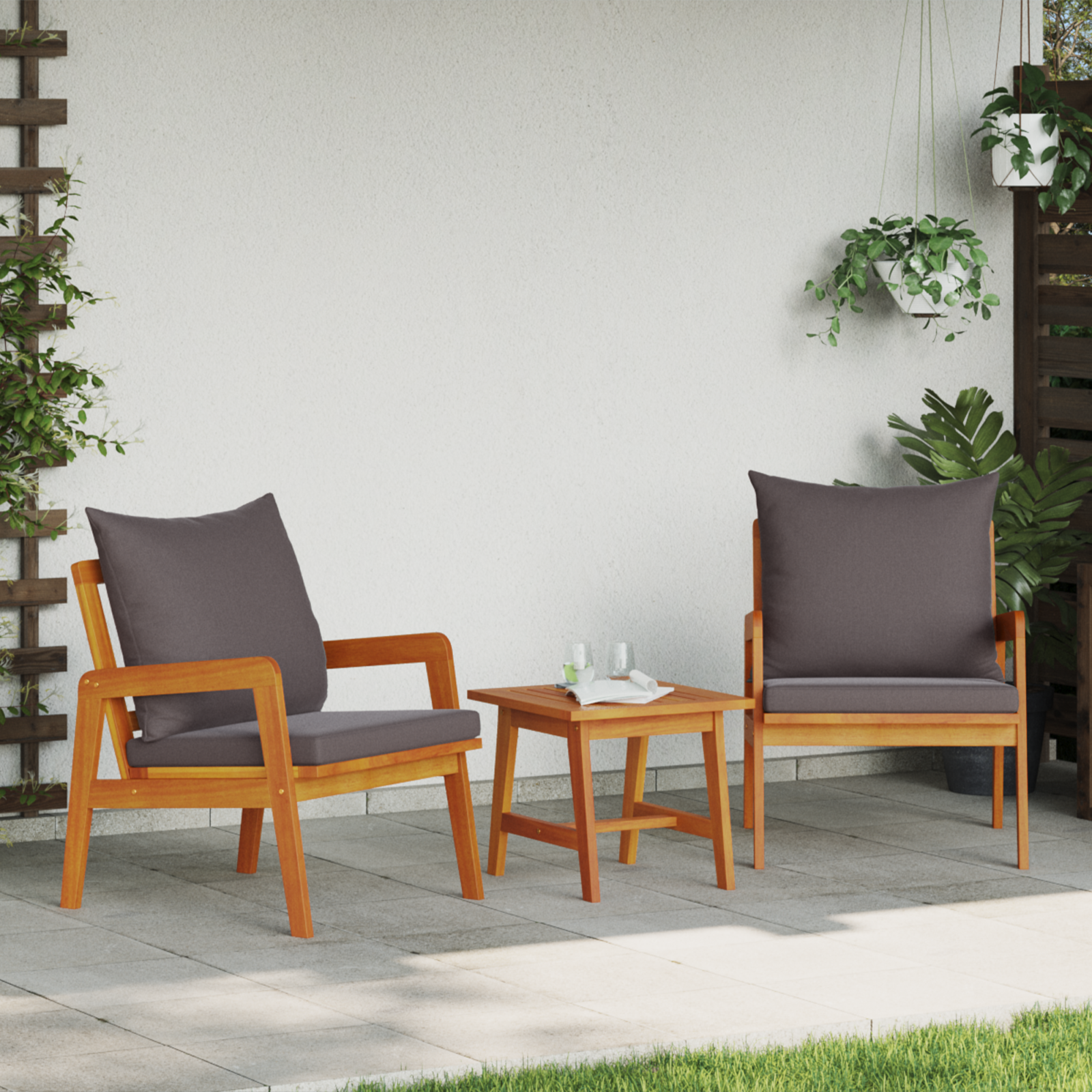 3-delig Bistro Set met Kussens Massief Acaciahout