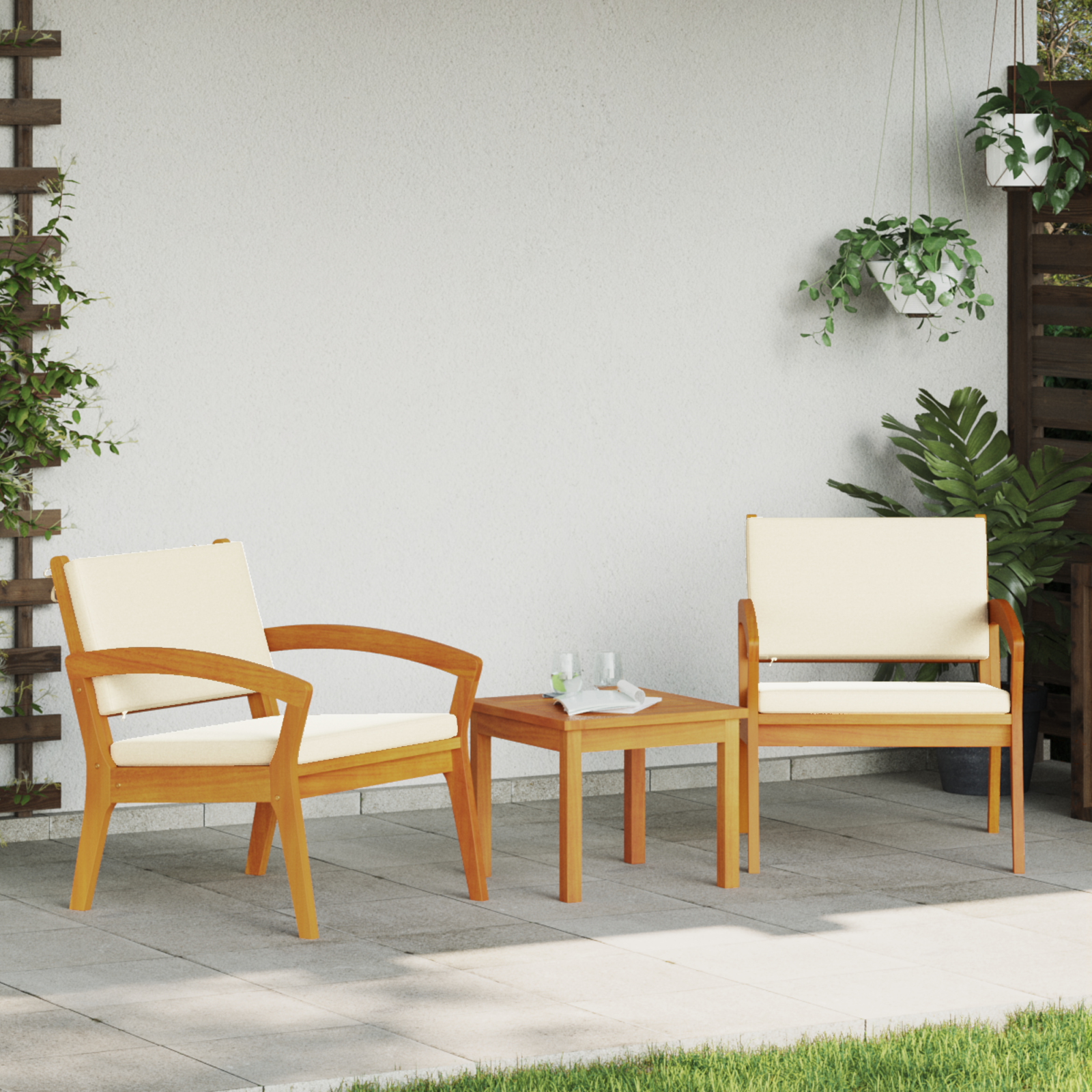 3-Piece Bistro Set with Cushions - Made of Solid Acacia Wood