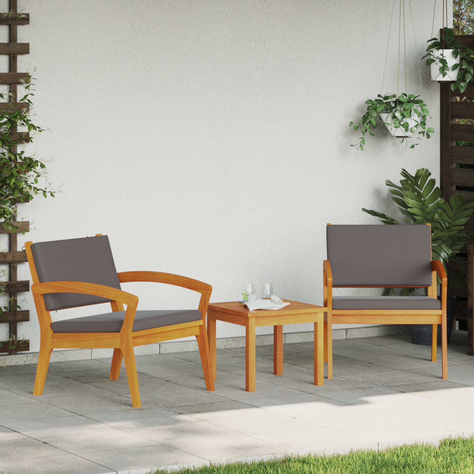 3-Piece Bistro Set with Cushions, Made of Solid Acacia Wood