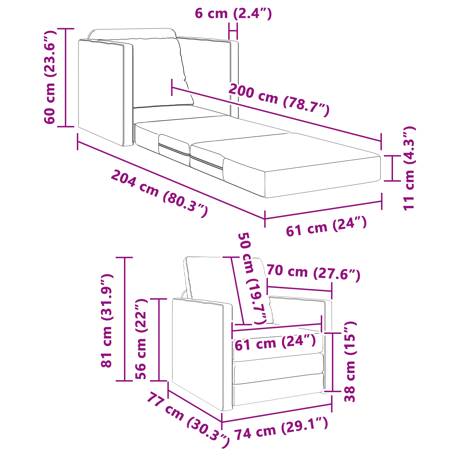 Floor Sofa Single Convertible Velvet 74x77x81 cm Light Grey - Image 11