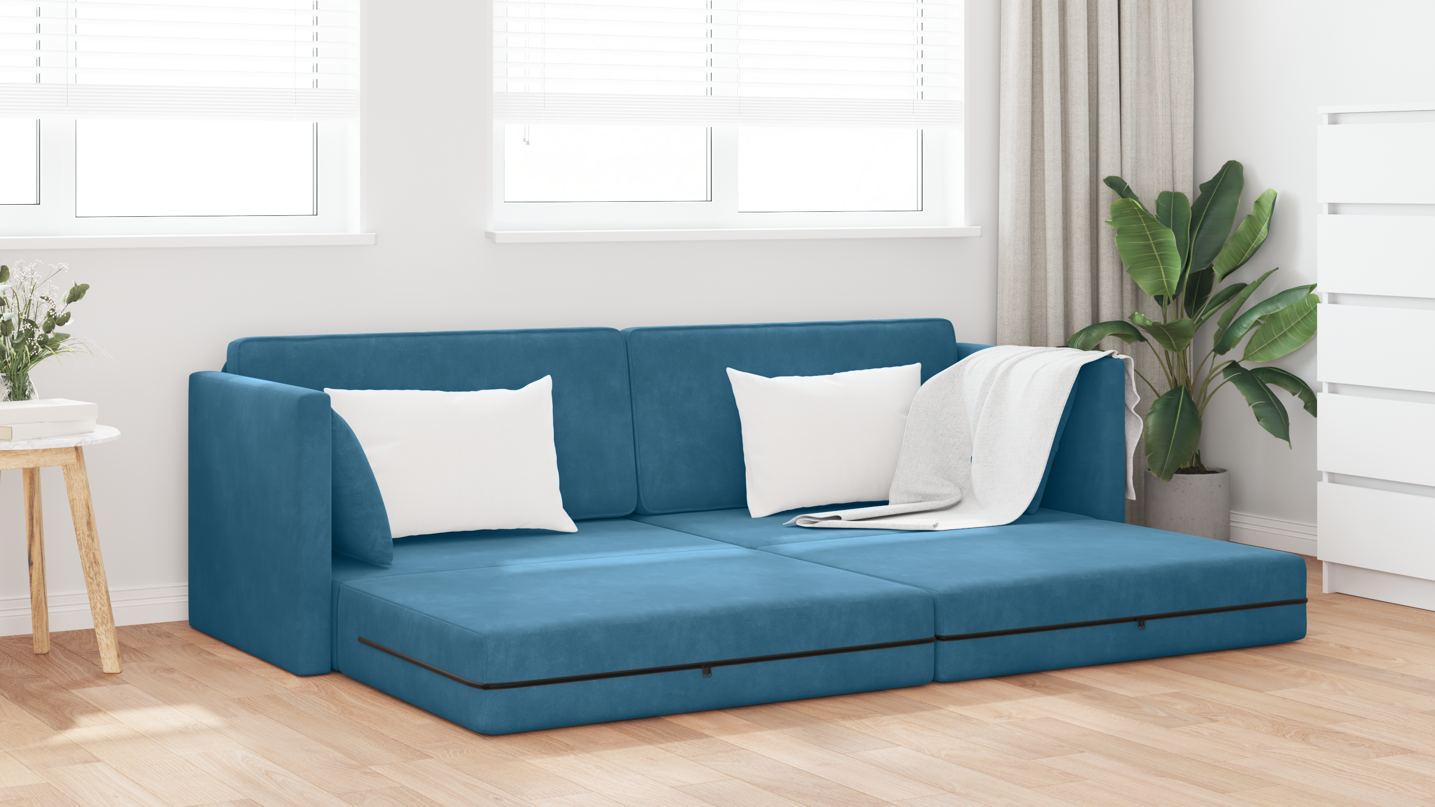 Floor Sofa Bed 2-in-1 Blue 213x144x60 cm Velvet - Image 4