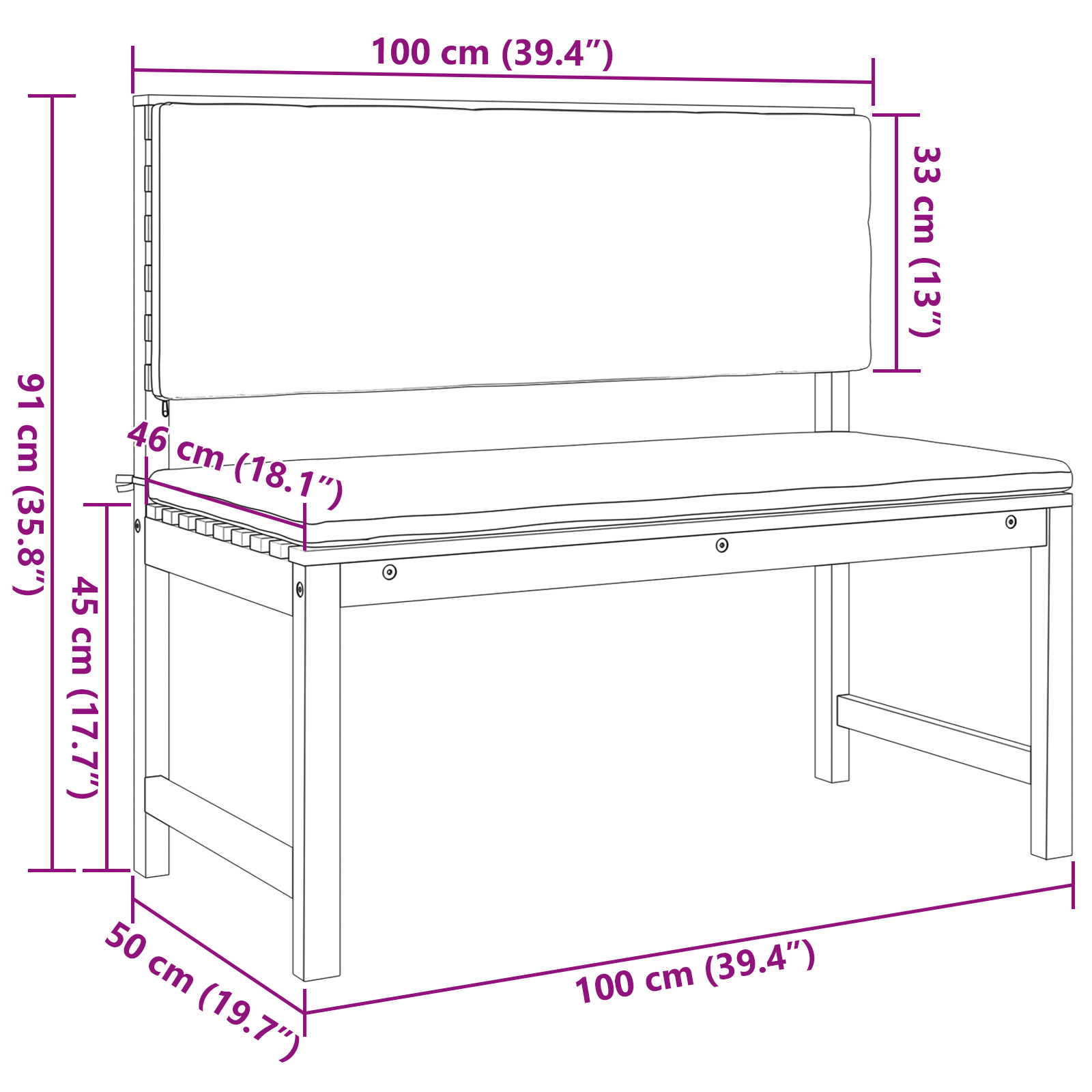 Garden Bench with Cushions 100x50x91 cm Solid Wood Acacia - Image 10