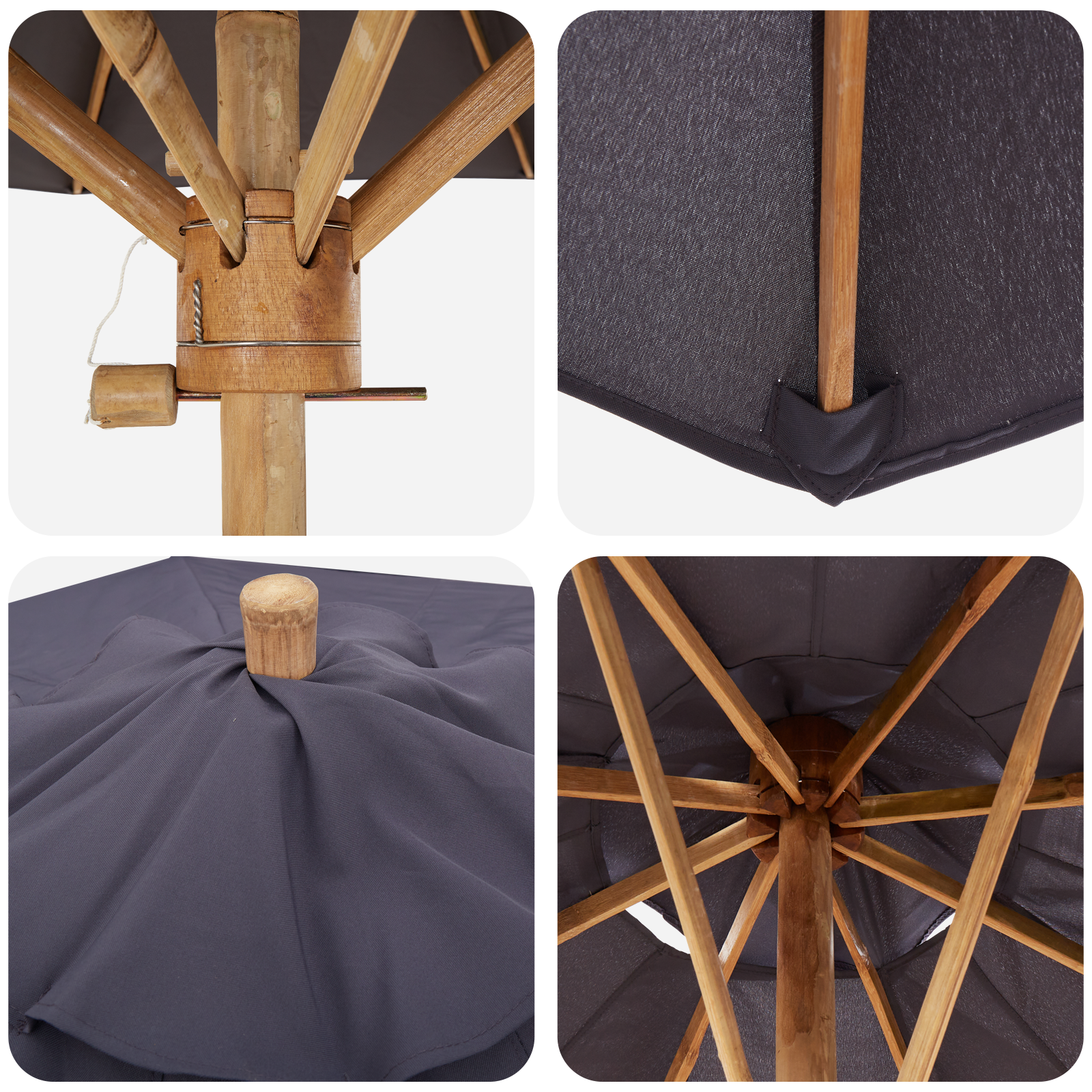 Dark Grey Garden Parasol 217x230 cm Bamboo - Image 5