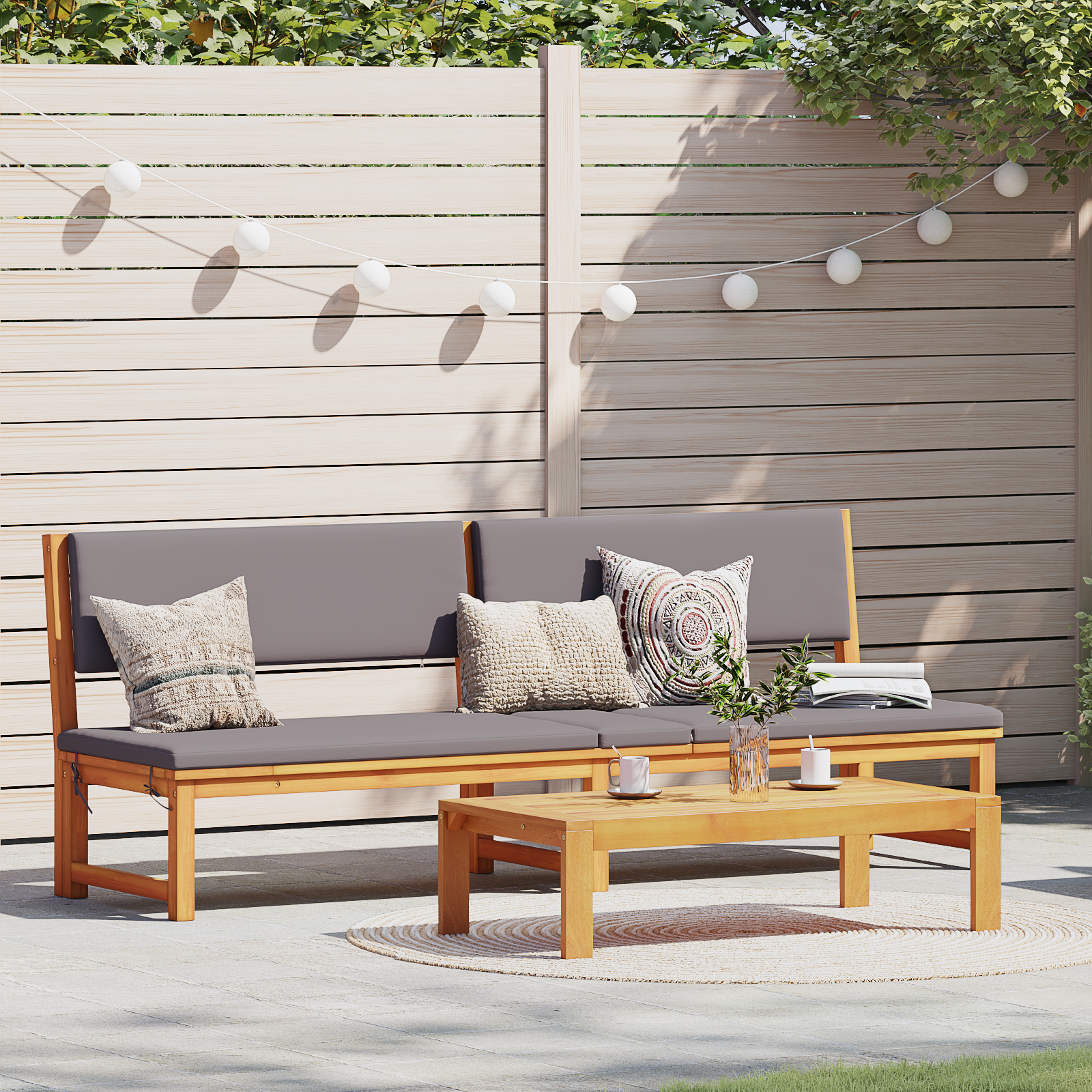 Sun Lounger 3-in-1 Function with Light Grey Cushions Solid Wood Acacia