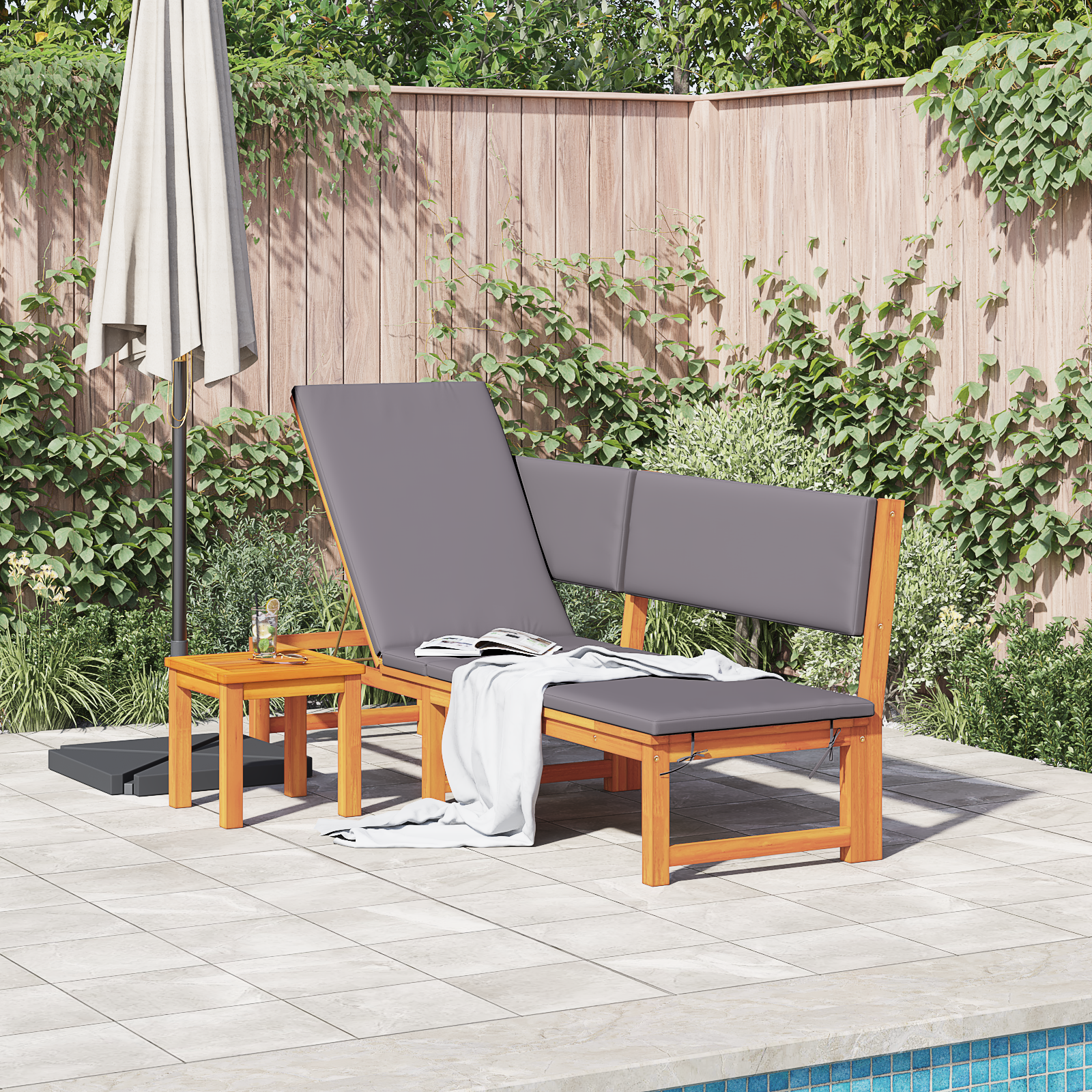 Sun Lounger 3-in-1 Function with Light Grey Cushions Solid Wood Acacia - Image 3