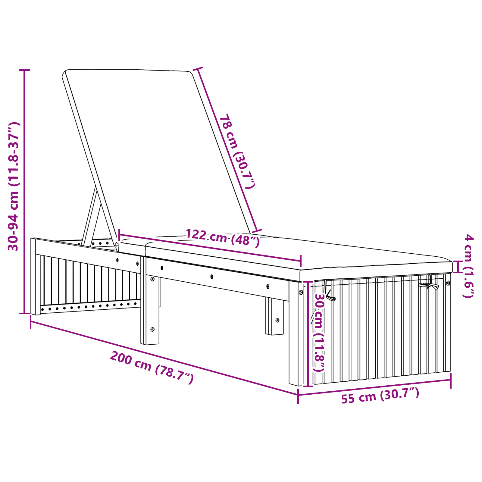 Sun Lounger with Cushion 200x55x30 cm Solid Wood Acacia - Image 10