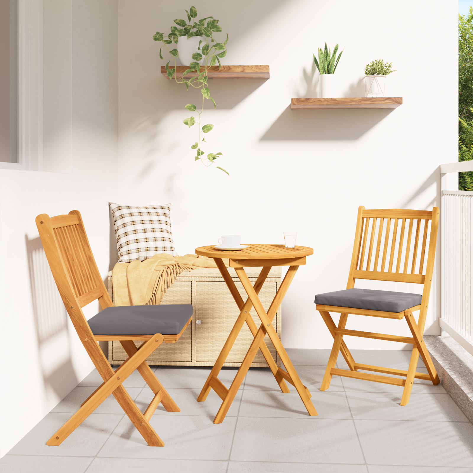 Folding Garden Chairs with Grey Cushion 2pcs Solid Acacia Wood