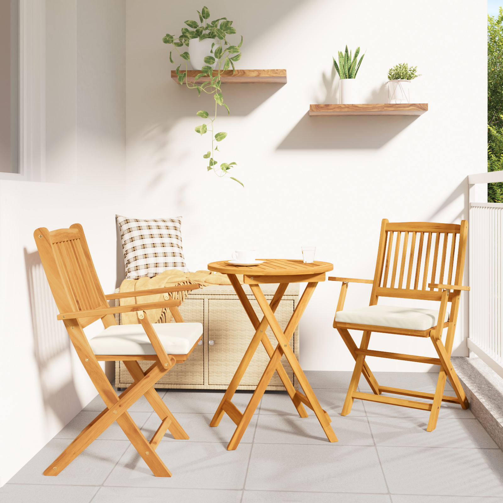 Folding Garden Chairs with White Cushion 2pcs Solid Acacia Wood