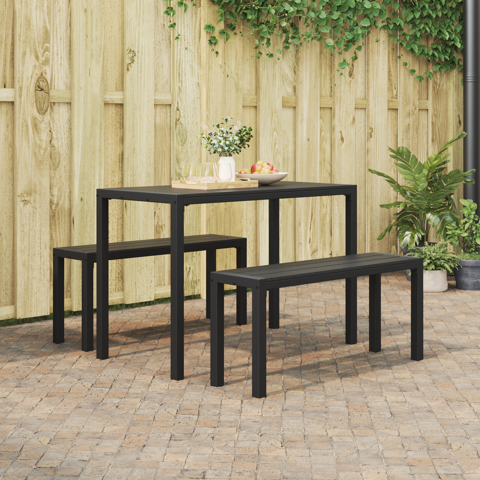 3-Piece Garden Dining Set - Steel and WPC in Black