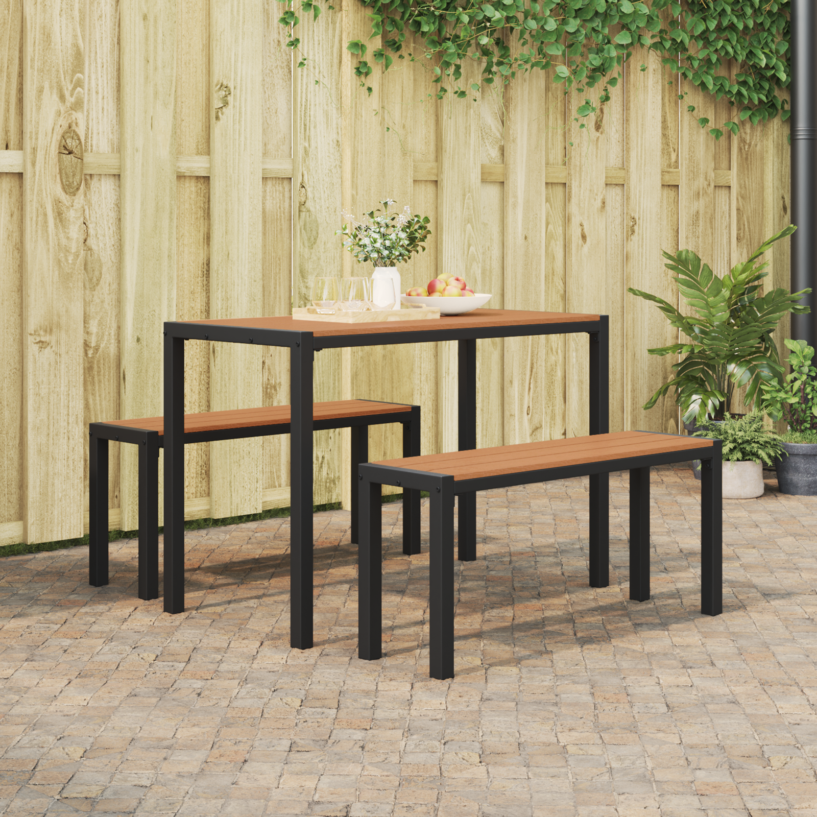 3 Piece Garden Dining Set Steel and WPC Brown