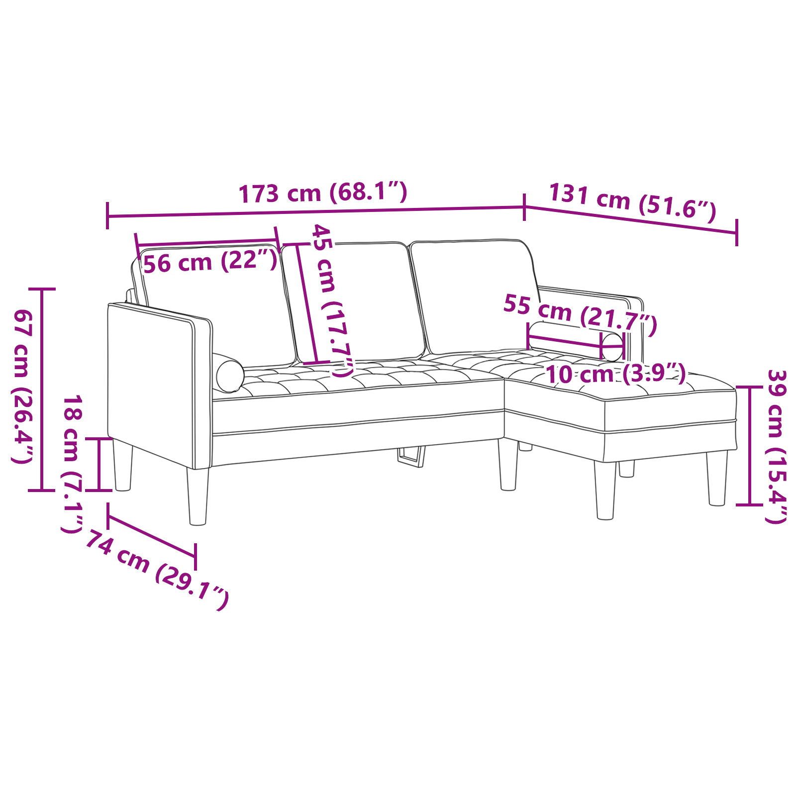 3-Seater L-Shaped Sofa Wine Red 160 cm Fabric - Image 8
