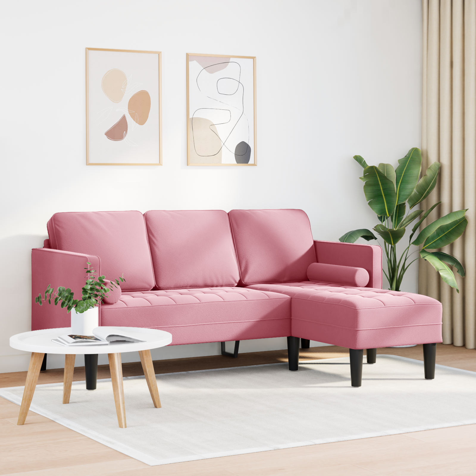 3-Seater Sofa with Chaise L-shaped Light Pink 160 cm Velvet - Image 3