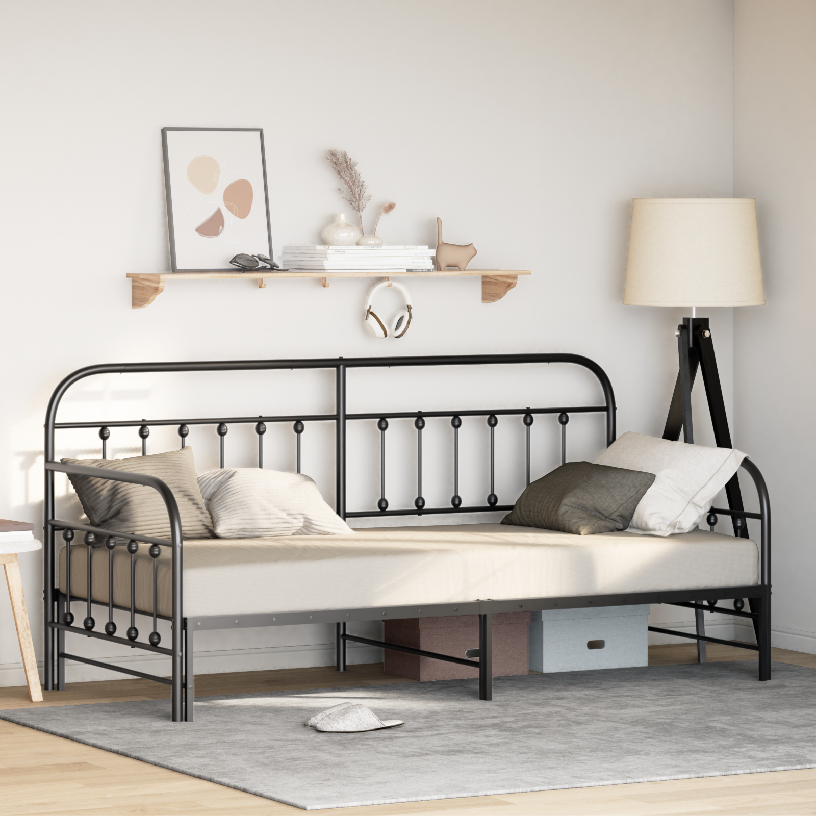 Dienos lovos rėmas su ištraukiama lova Juodas 100x200 cm Plienas