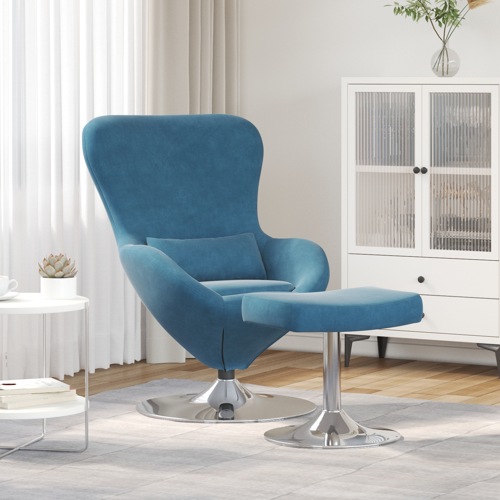 Egg Chair with Footstool Blue Velvet