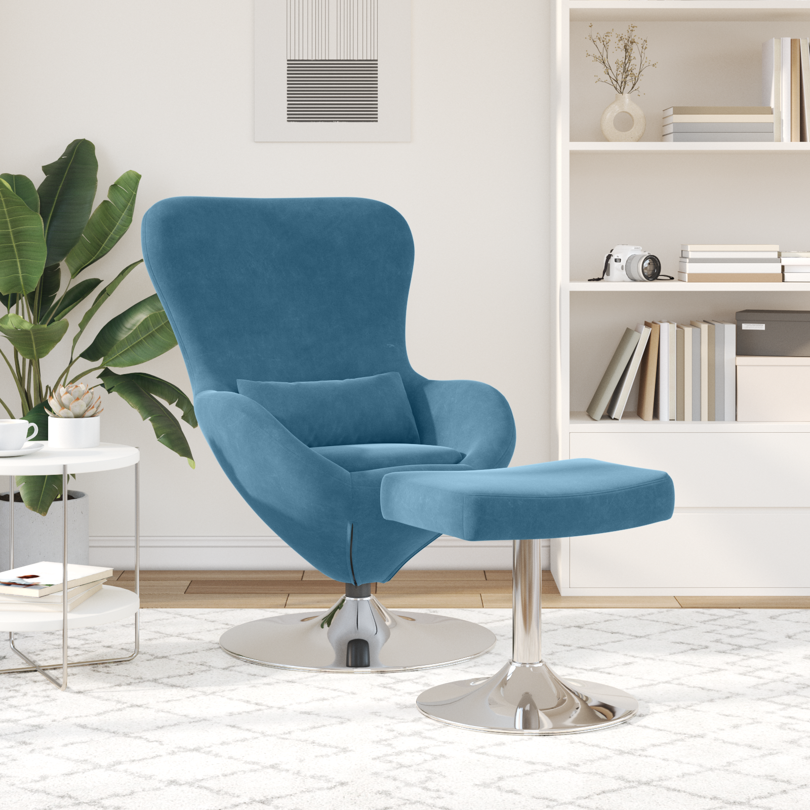 Egg Chair with Footstool Blue Velvet - Image 3