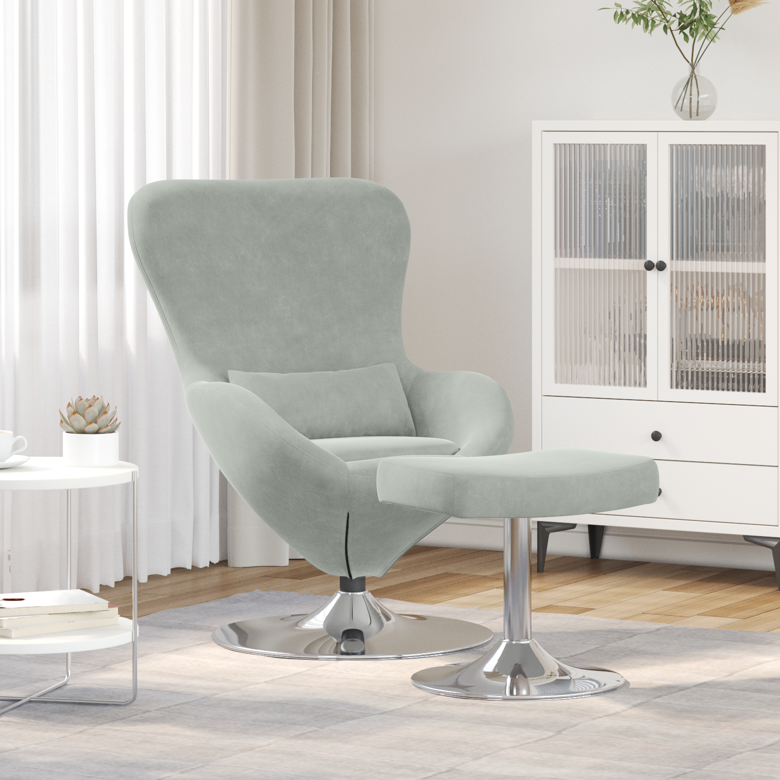 Egg Chair with Footstool Light Grey Velvet