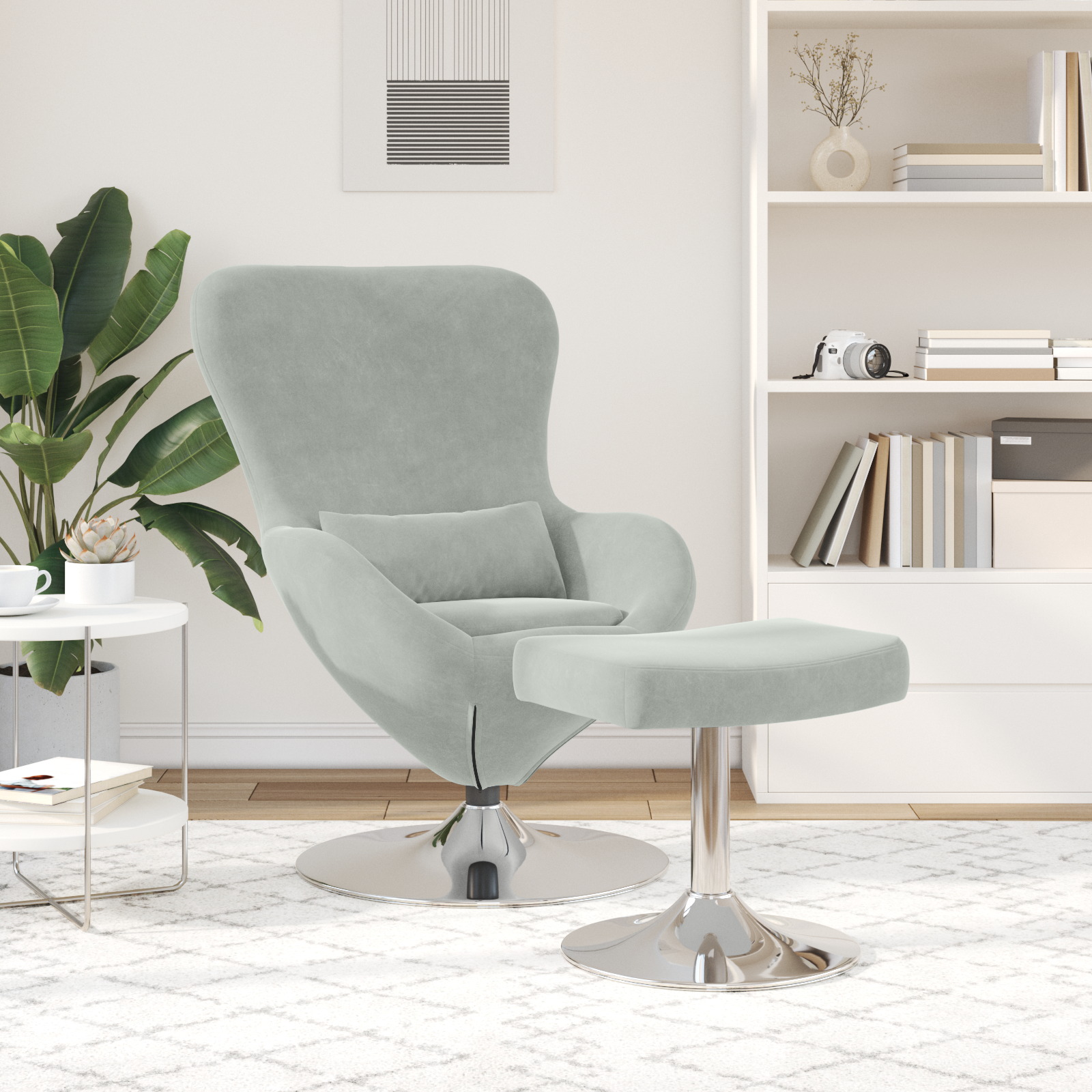 Egg Chair with Footstool Light Grey Velvet - Image 3