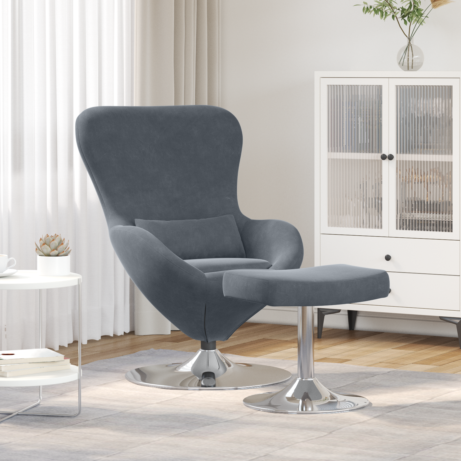 Egg Chair with Footstool Dark Grey Velvet
