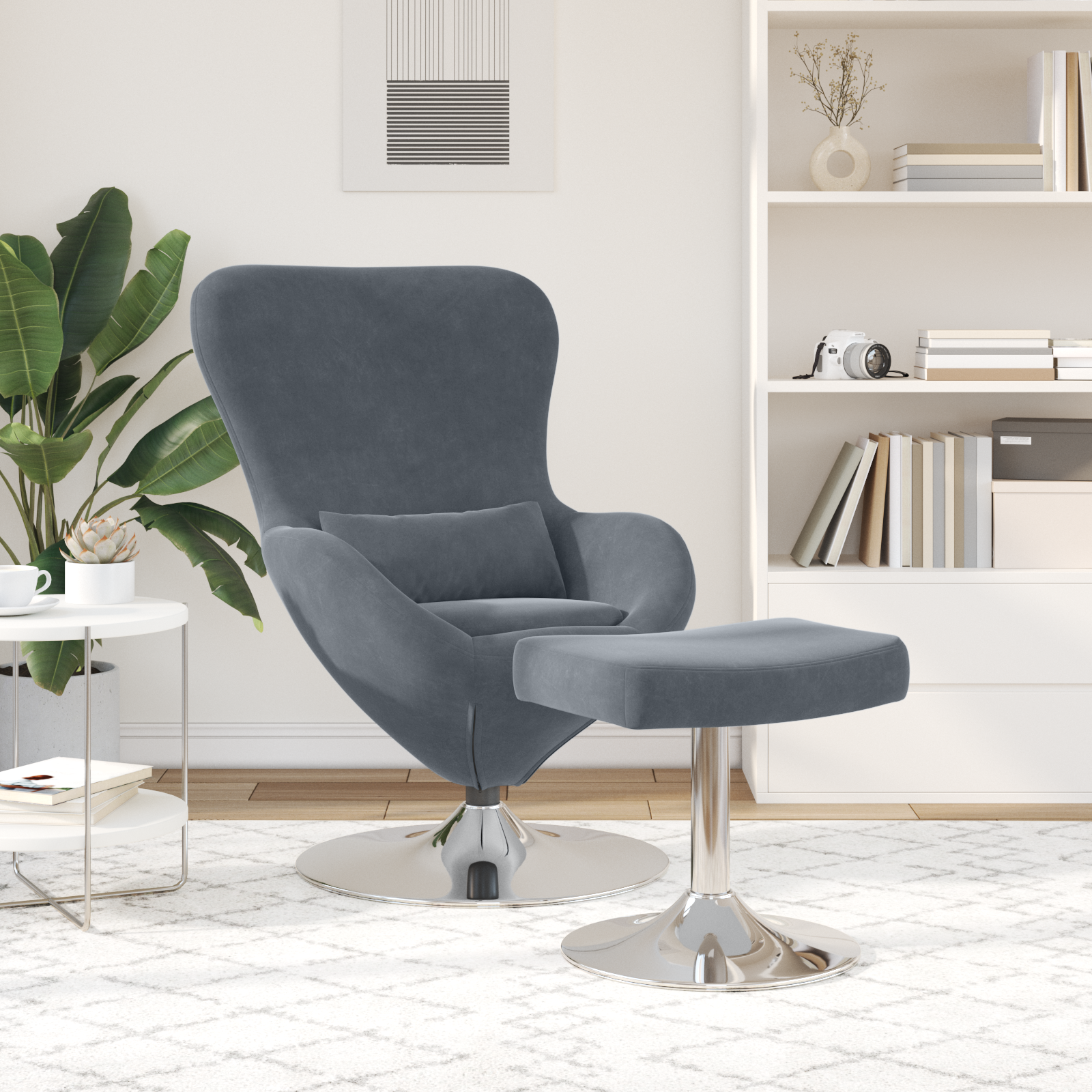 Egg Chair with Footstool Dark Grey Velvet - Image 3