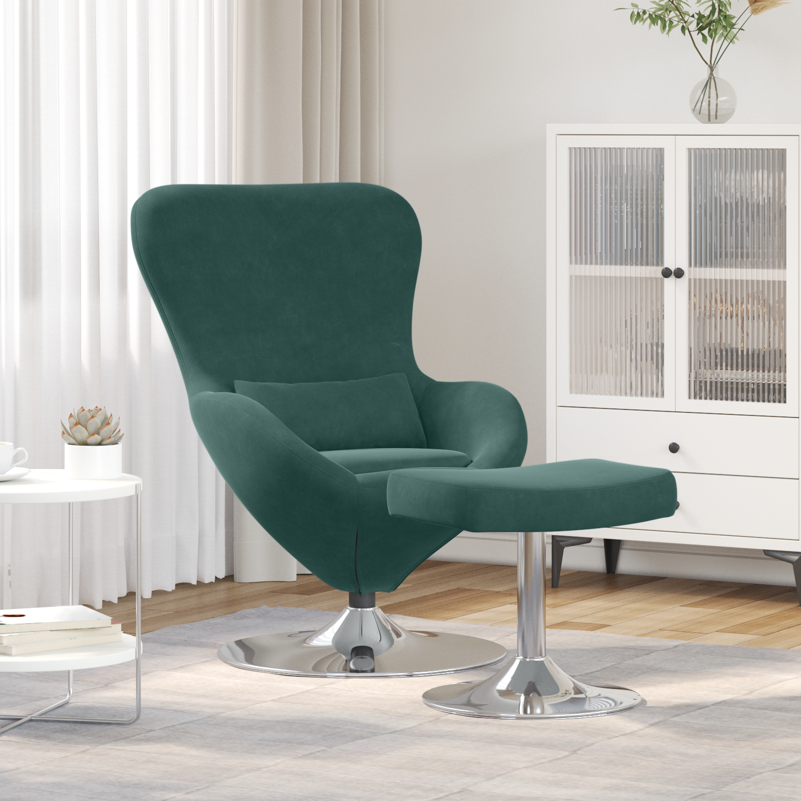Egg Chair with Footstool Dark Green Velvet