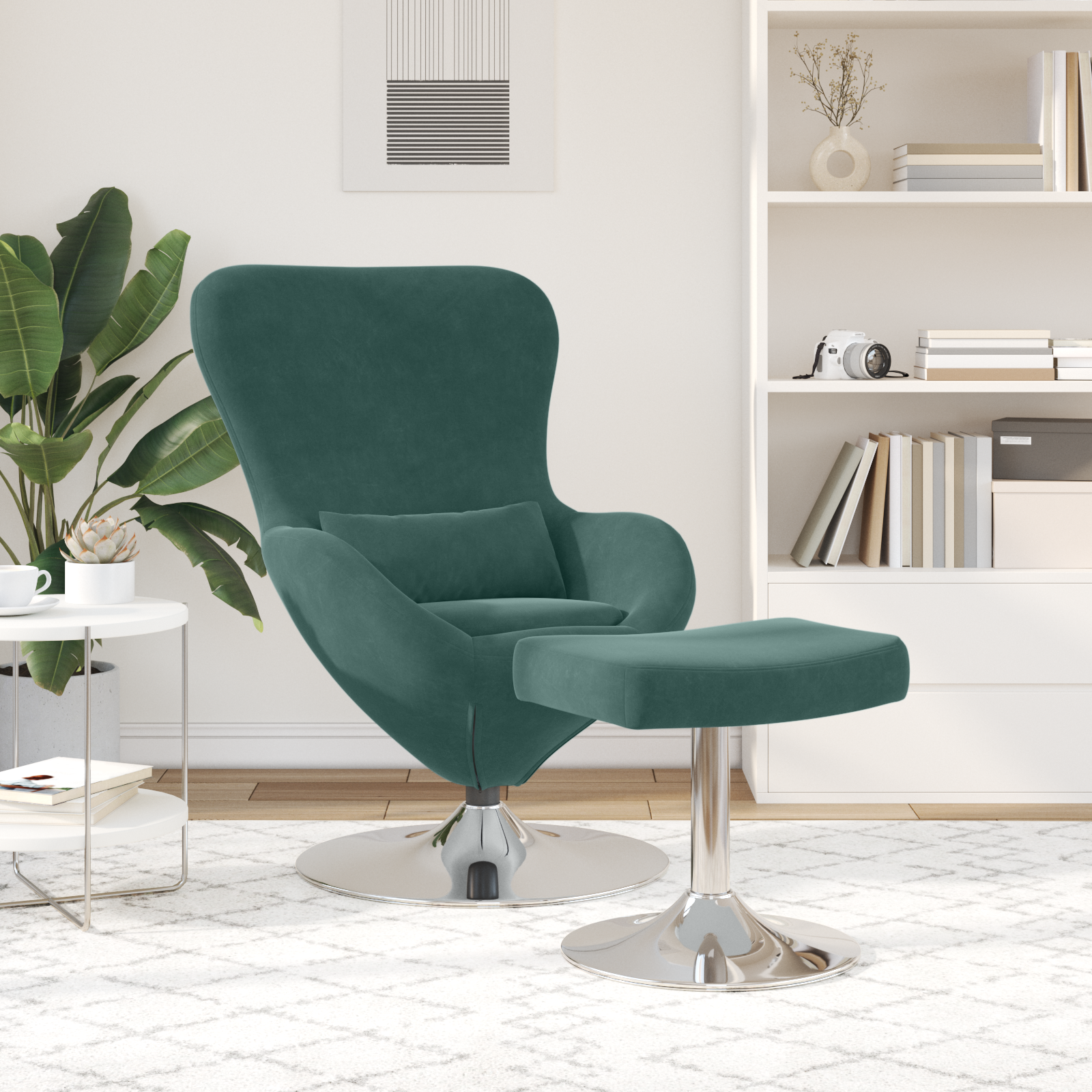 Egg Chair with Footstool Dark Green Velvet - Image 3