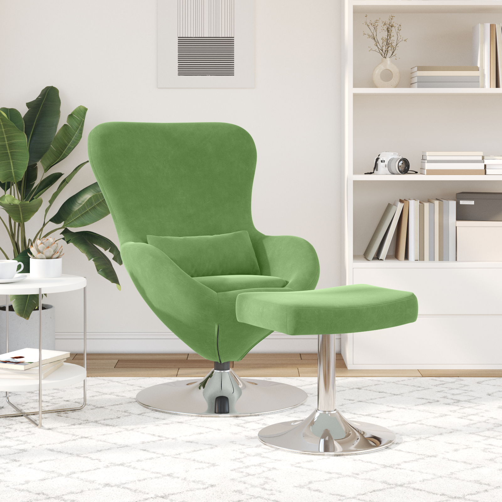Egg Chair with Footstool Light Green Velvet - Image 3