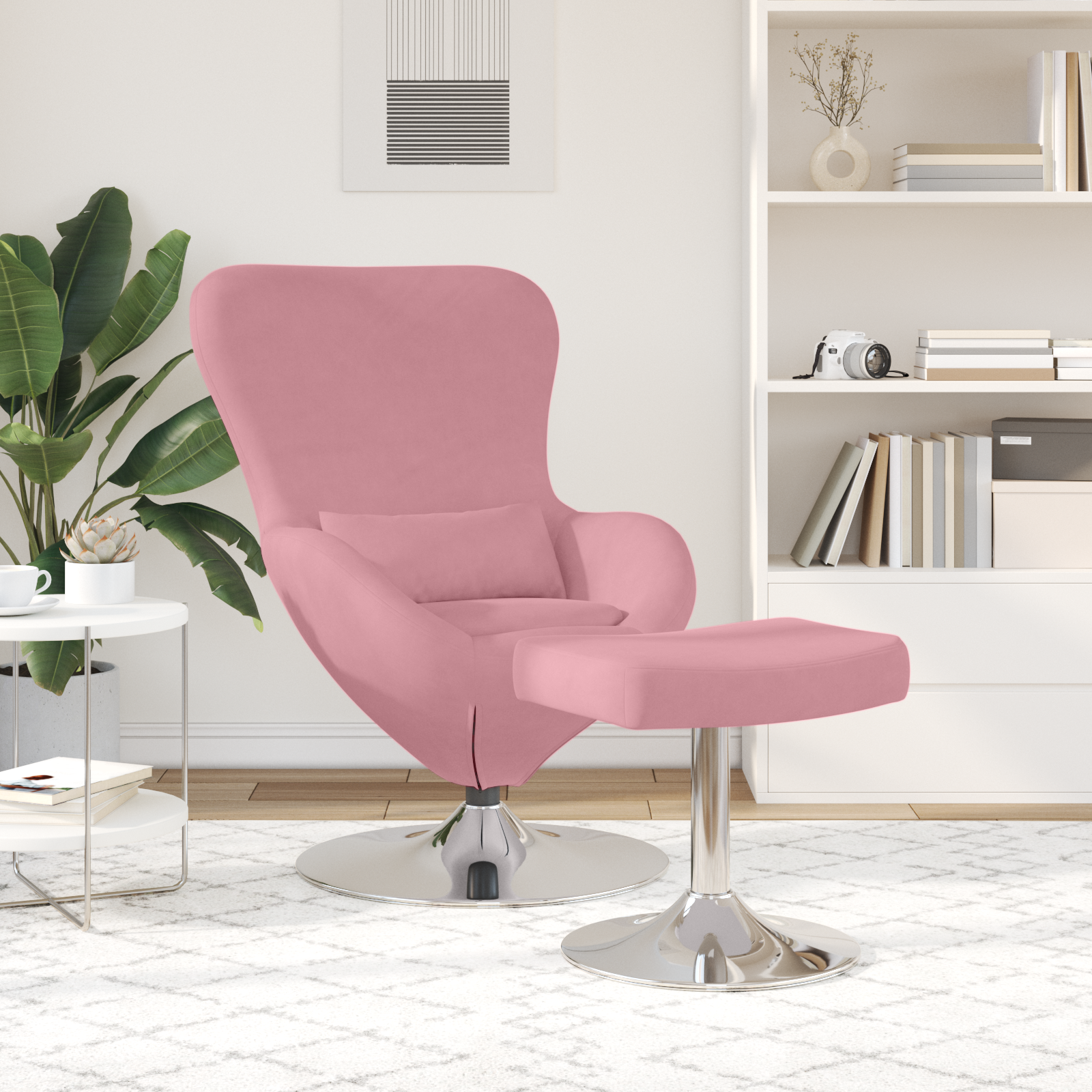 Egg Chair with Footstool Pink Velvet - Image 3