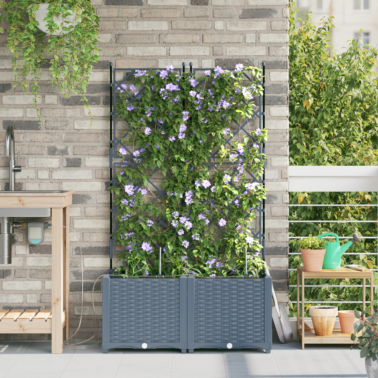 Garden Planters with Water Irrigation System 2 pcs Light Grey - Image 3