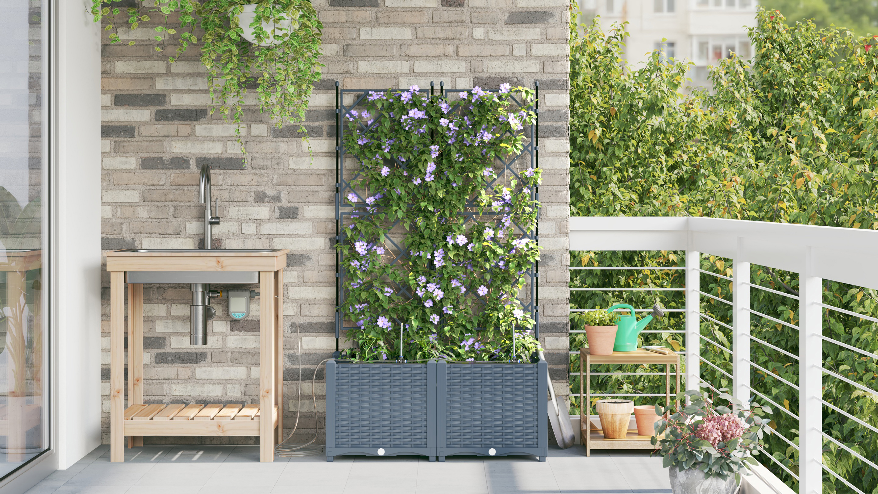 Garden Planters with Water Irrigation System 2 pcs Light Grey - Image 4