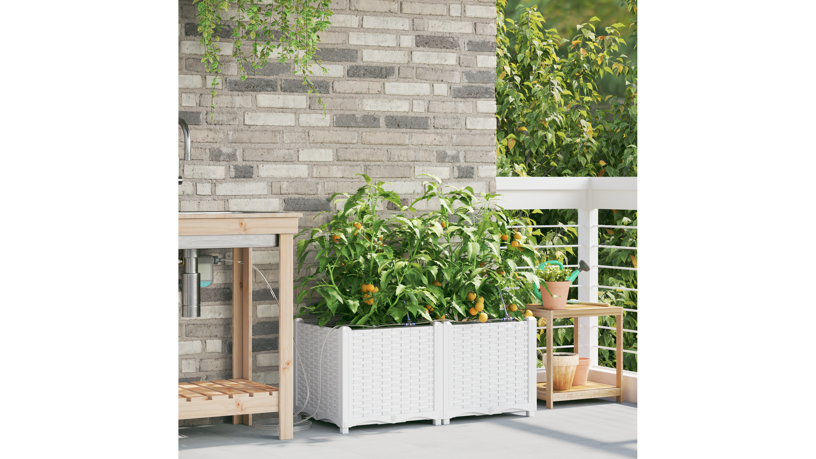 Garden Planters with Water Irrigation System 2 pcs White - Image 3